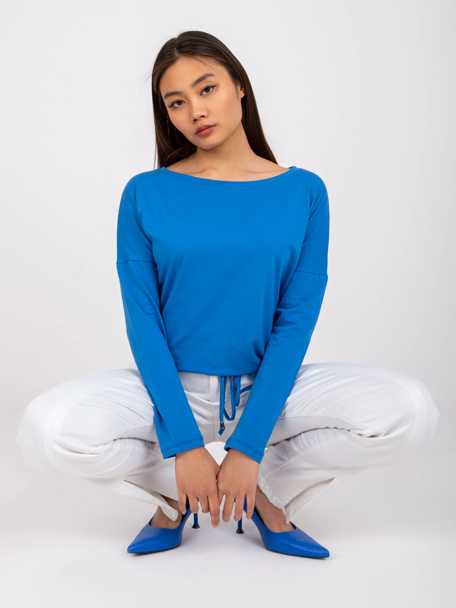 Bluza Dama Maneca lunga, Decolteu barcuta, BASIC FEEL GOOD, Albastru Eleganta Office - imagine 2