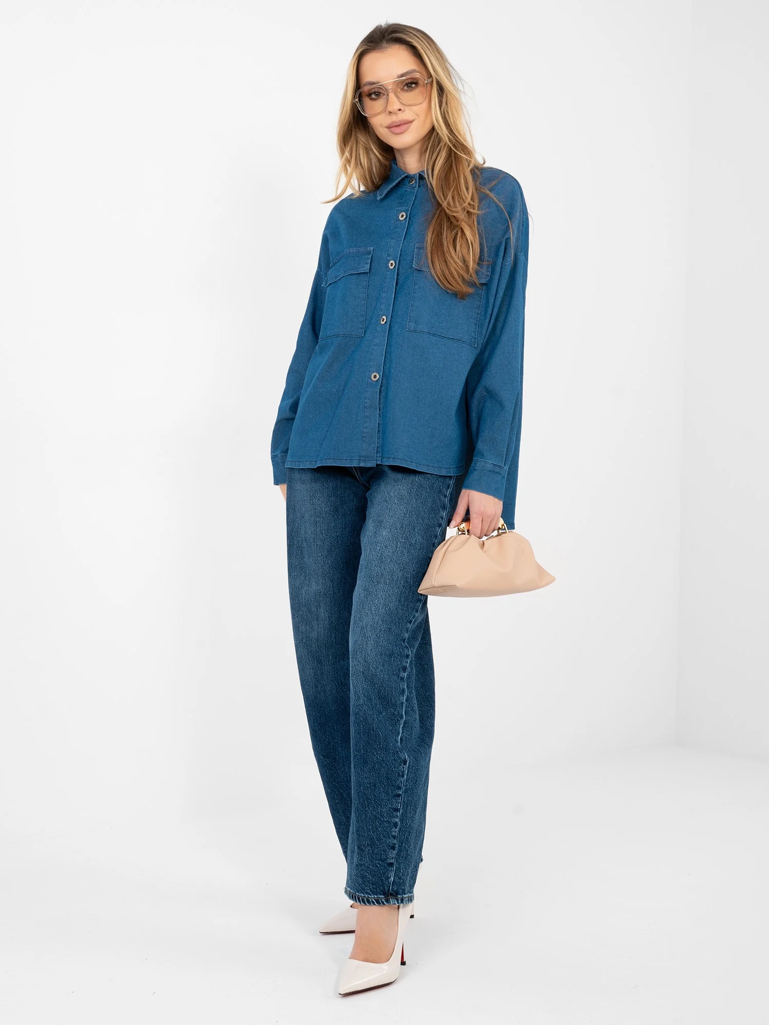 Camasa Dama Maneca lunga, Decolteu cu guler, ITALY MODA, Albastru Casual - imagine 5