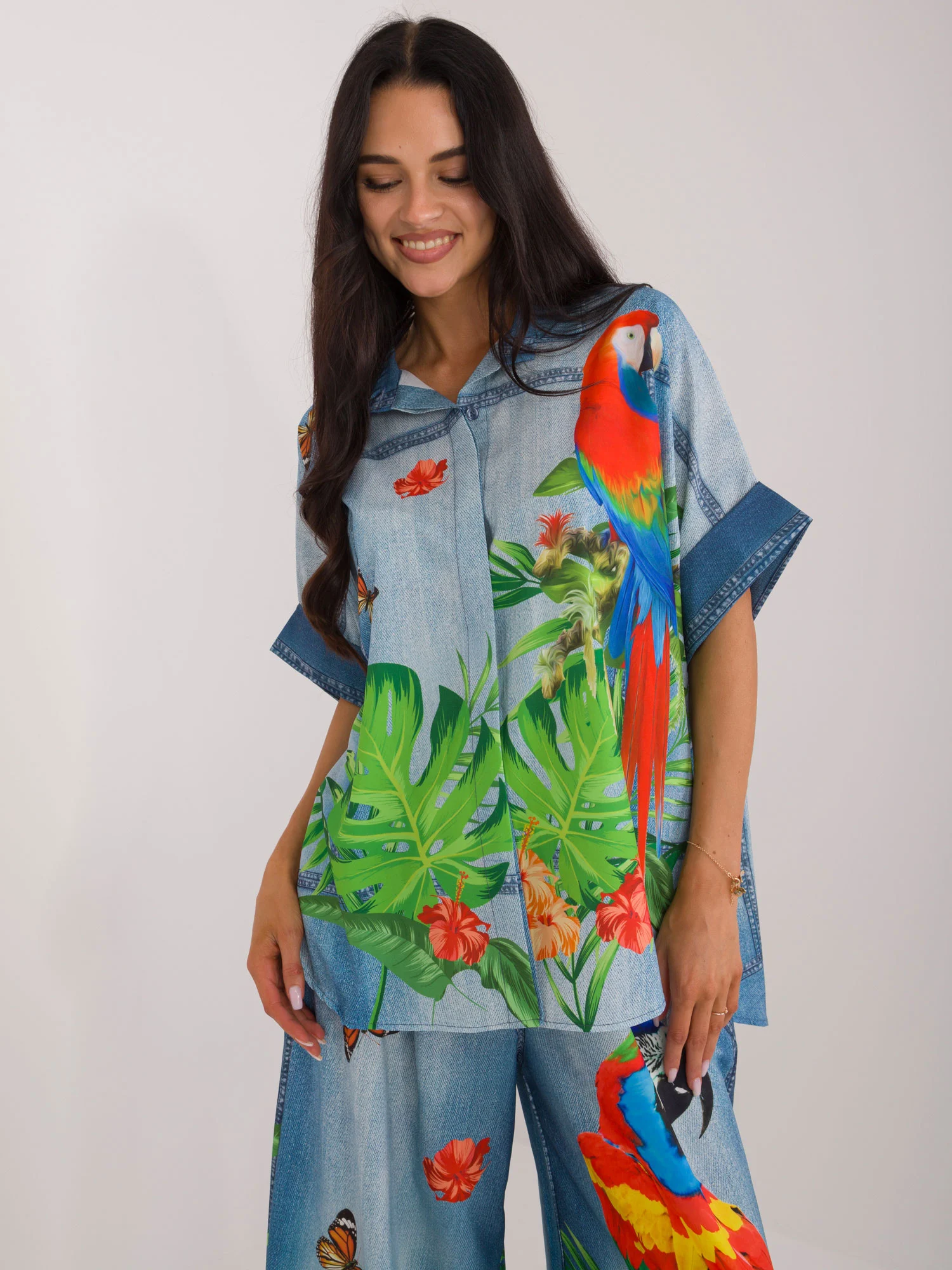 Camasa Dama Mini, Decolteu in V, ITALY MODA, Albastru Casual - imagine 3