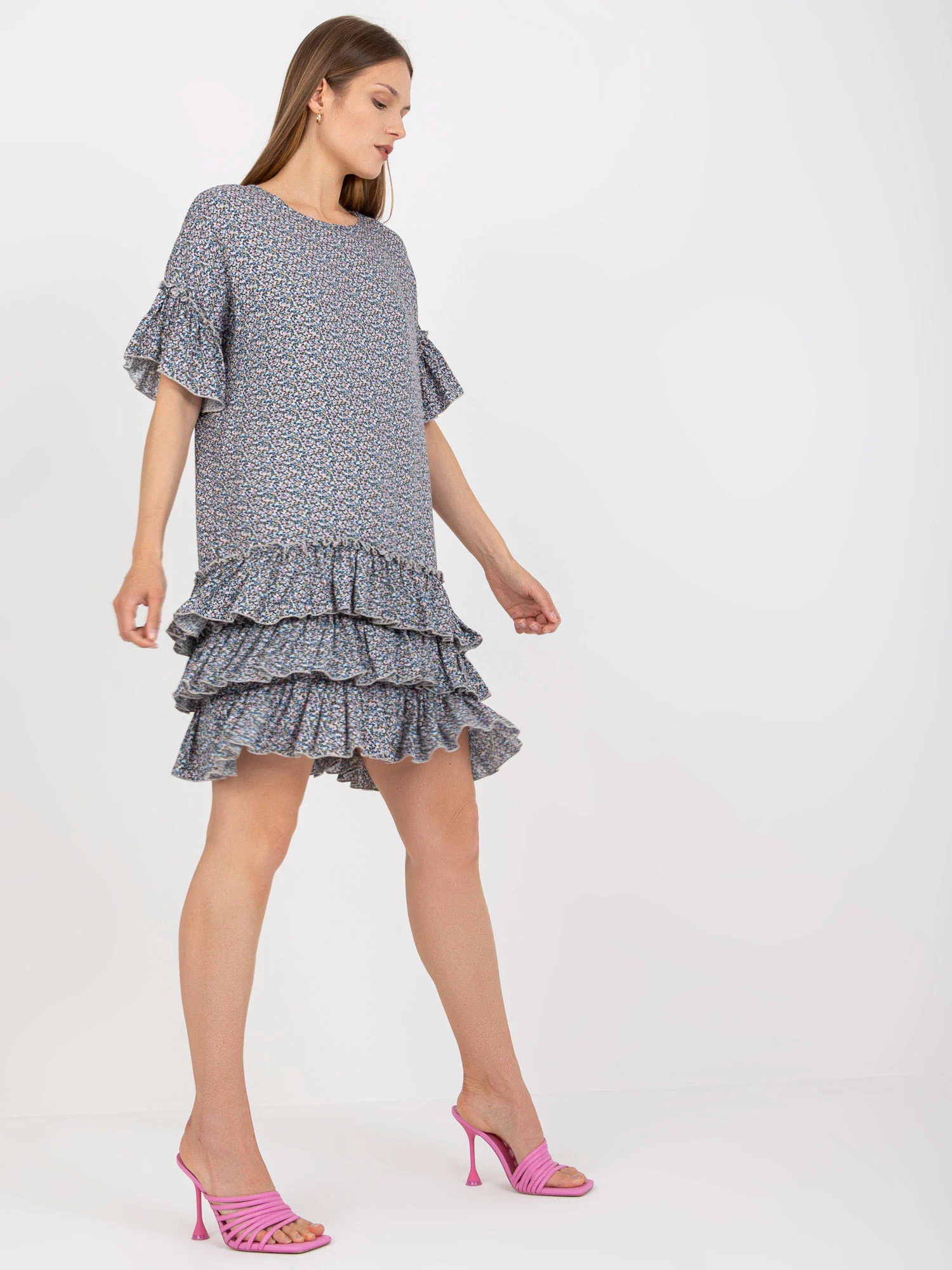 Rochie Dama Mini, Imprimat, ZULUNA, Albastru Eleganta Office - imagine 3