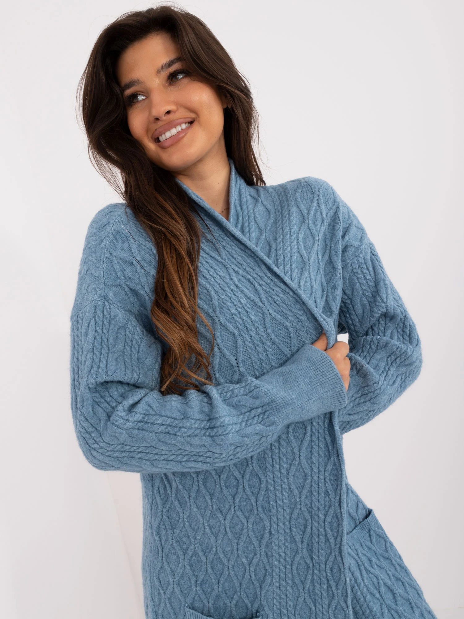 Cardigan Dama Maneca lunga, Guler inalt, Wool Fashion Italia, Albastru Casual - imagine 5