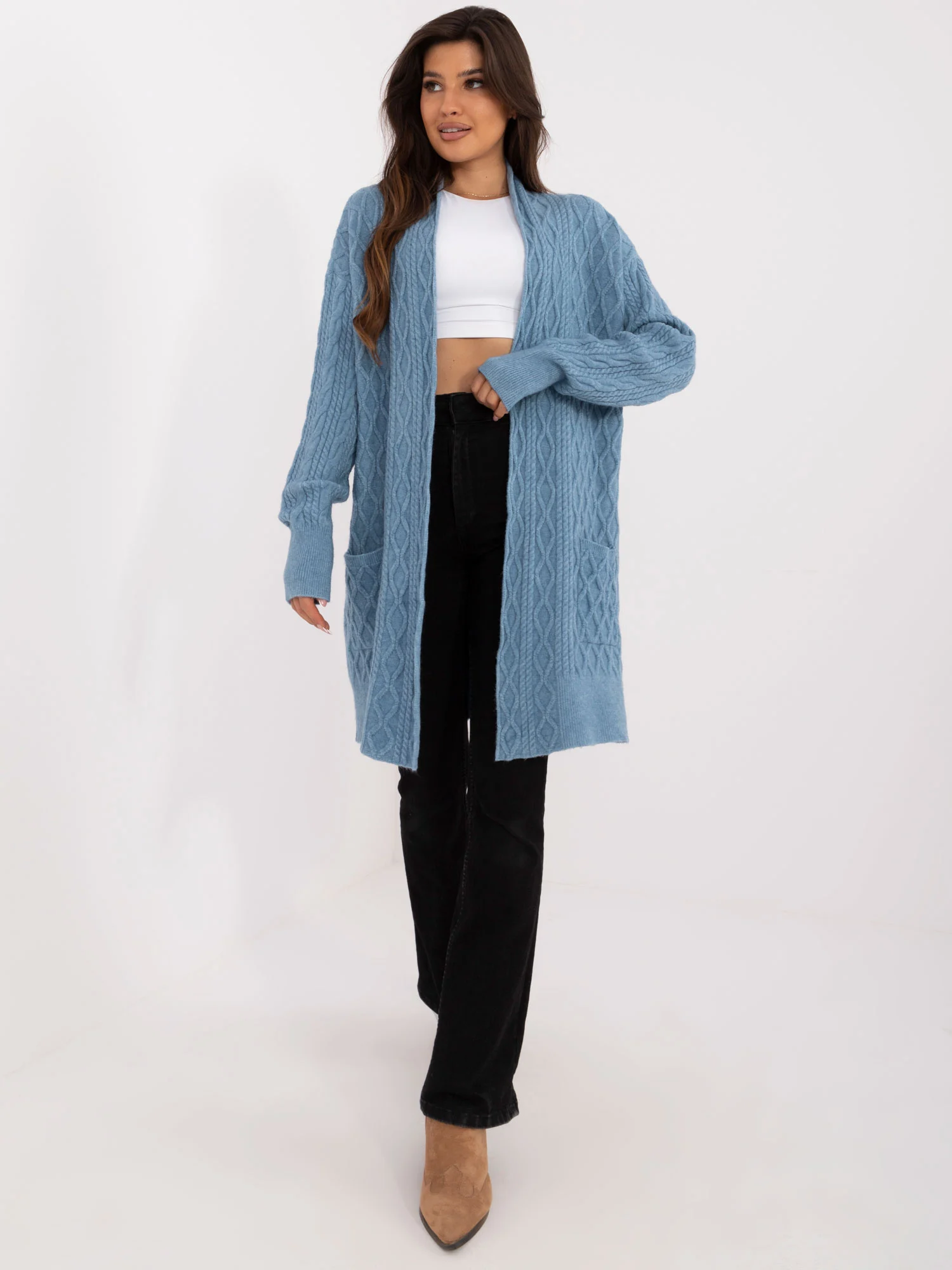 Cardigan Dama Maneca lunga, Guler inalt, Wool Fashion Italia, Albastru Casual - imagine 3