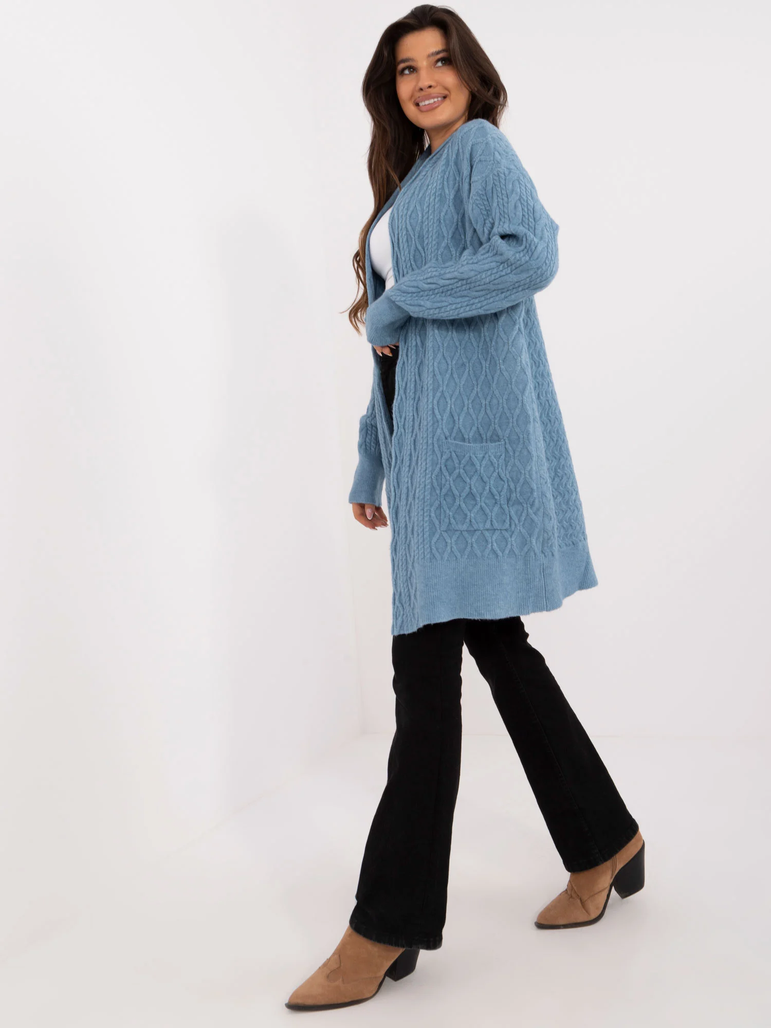 Cardigan Dama Maneca lunga, Guler inalt, Wool Fashion Italia, Albastru Casual - imagine 4