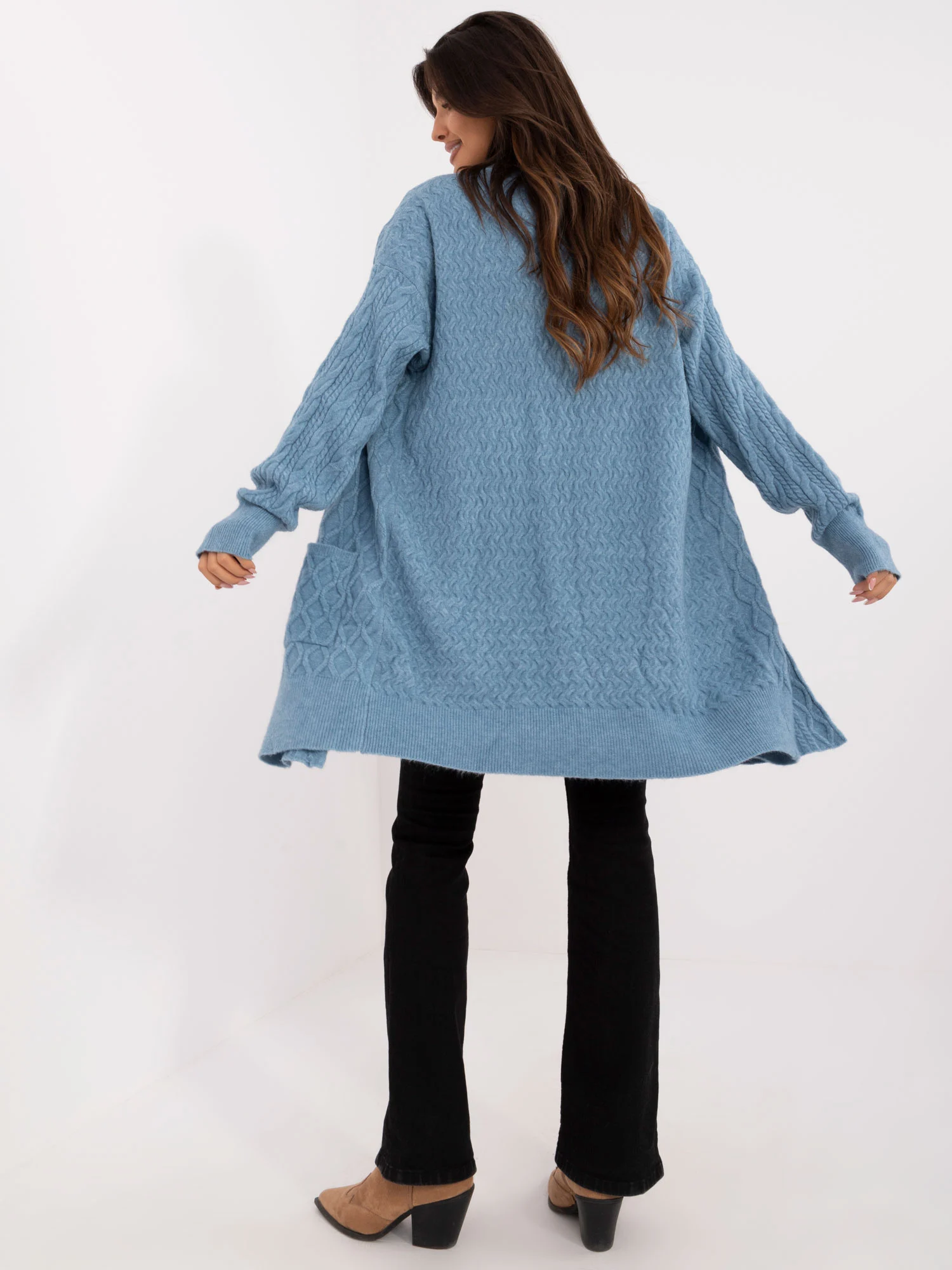 Cardigan Dama Maneca lunga, Guler inalt, Wool Fashion Italia, Albastru Casual - imagine 2