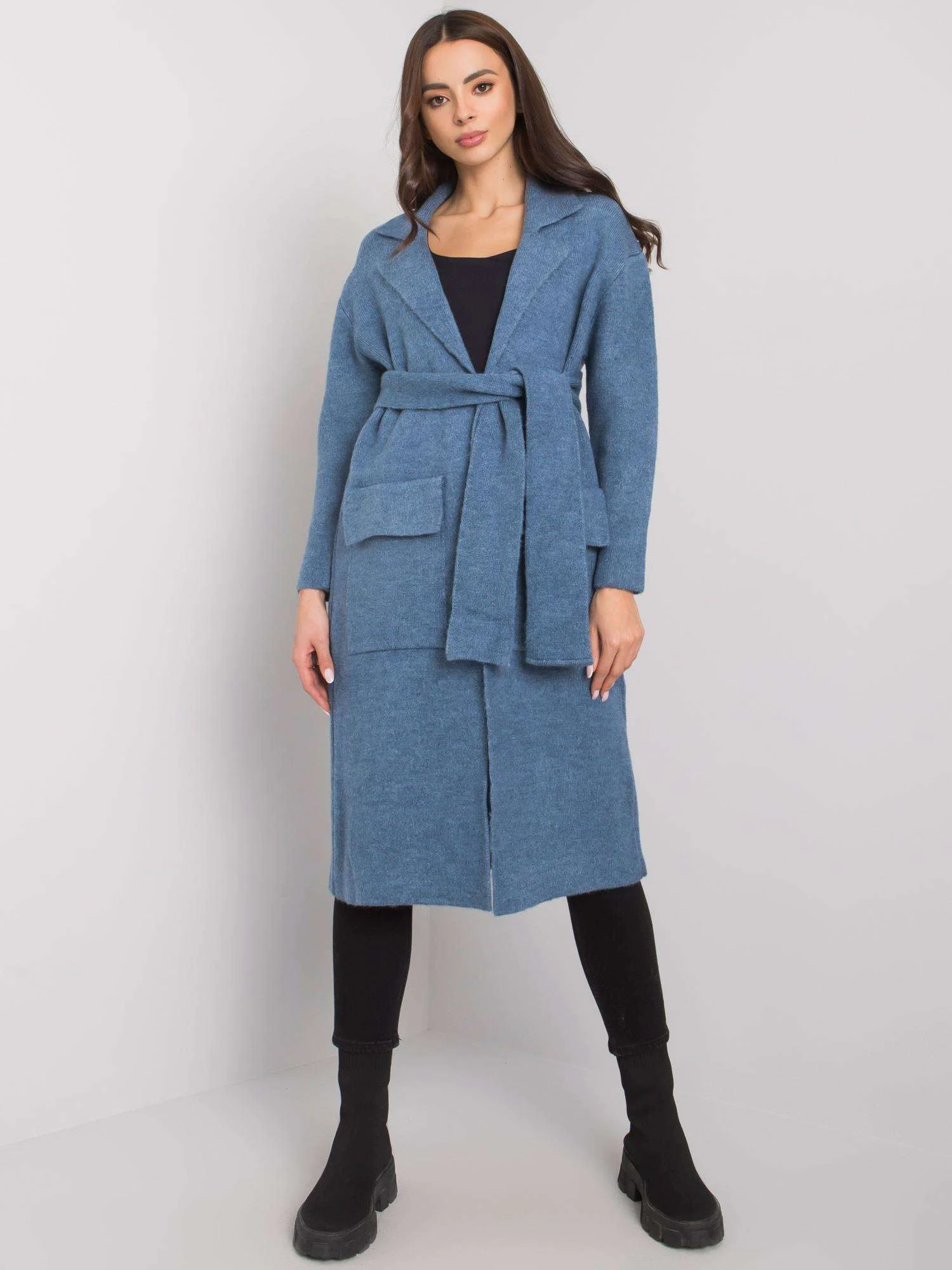 Cardigan Dama Maneca lunga, Decolteu cu guler, RUE PARIS, Albastru Eleganta Office - imagine 4