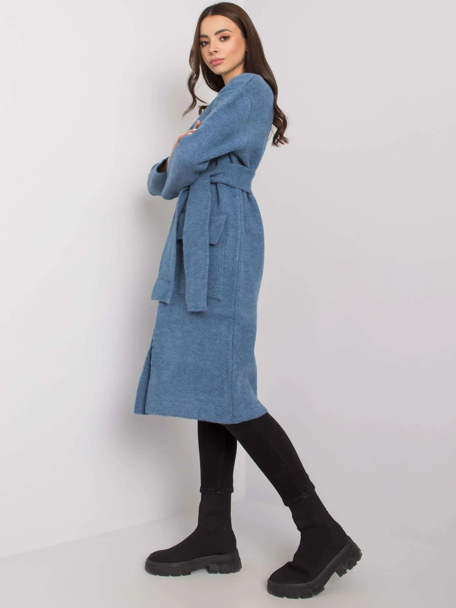Cardigan Dama Maneca lunga, Decolteu cu guler, RUE PARIS, Albastru Eleganta Office - imagine 2