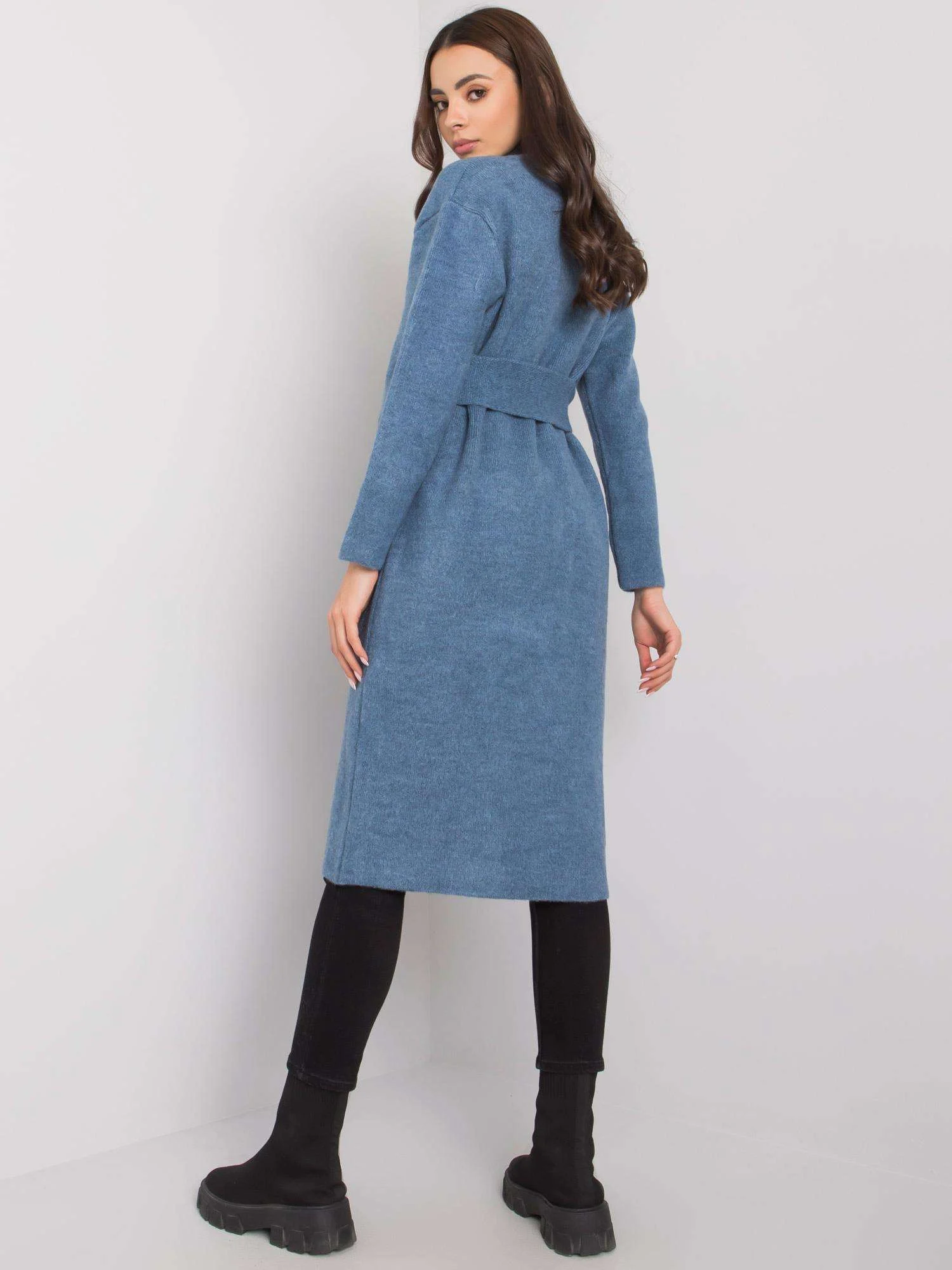 Cardigan Dama Maneca lunga, Decolteu cu guler, RUE PARIS, Albastru Eleganta Office - imagine 3