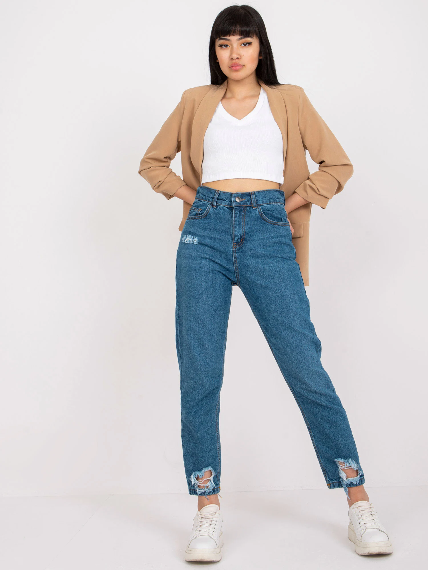 Blugi Dama Croiala dreapta, Guler inalt, RUE PARIS, Albastru Casual Marimi Mari - imagine 4