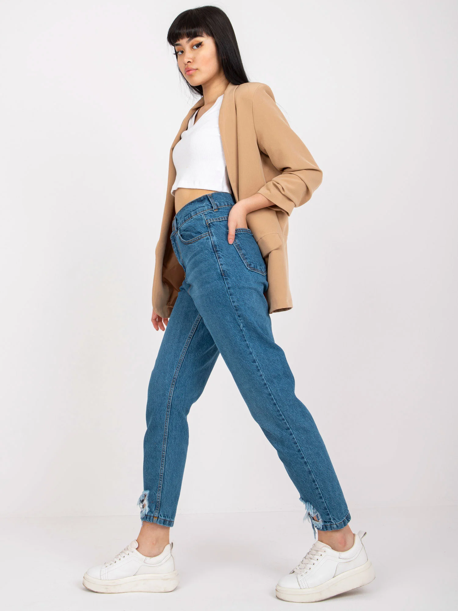 Blugi Dama Croiala dreapta, Guler inalt, RUE PARIS, Albastru Casual Marimi Mari - imagine 5