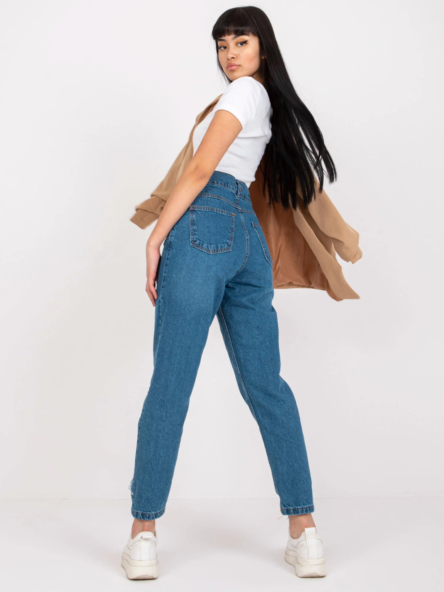 Blugi Dama Croiala dreapta, Guler inalt, RUE PARIS, Albastru Casual Marimi Mari - imagine 3