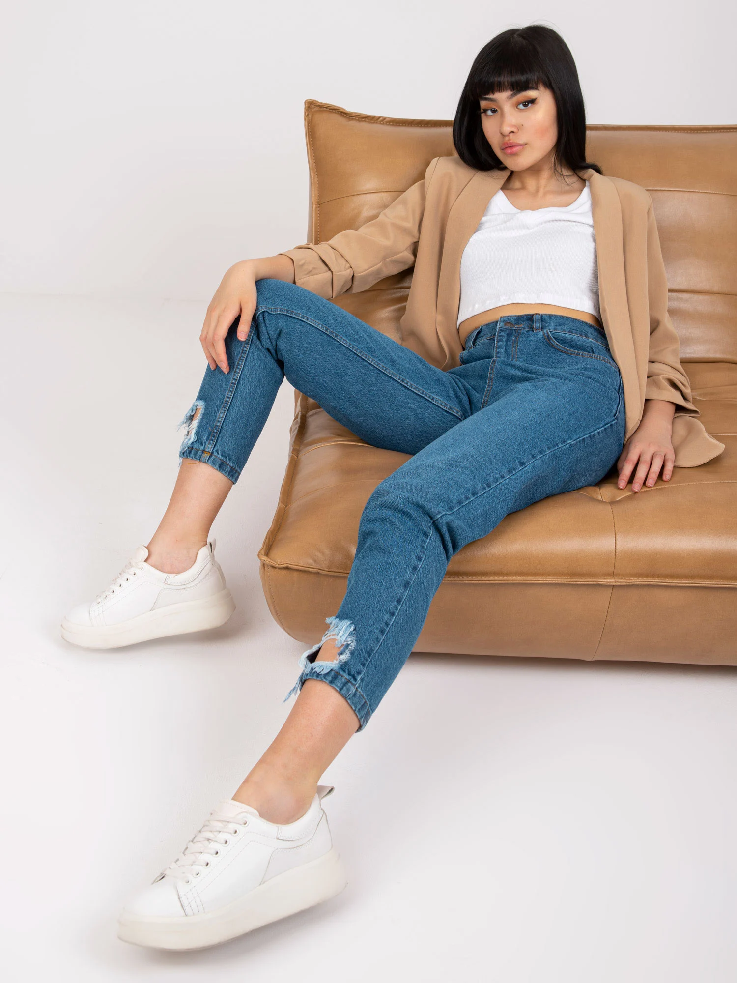 Blugi Dama Croiala dreapta, Guler inalt, RUE PARIS, Albastru Casual Marimi Mari - imagine 2