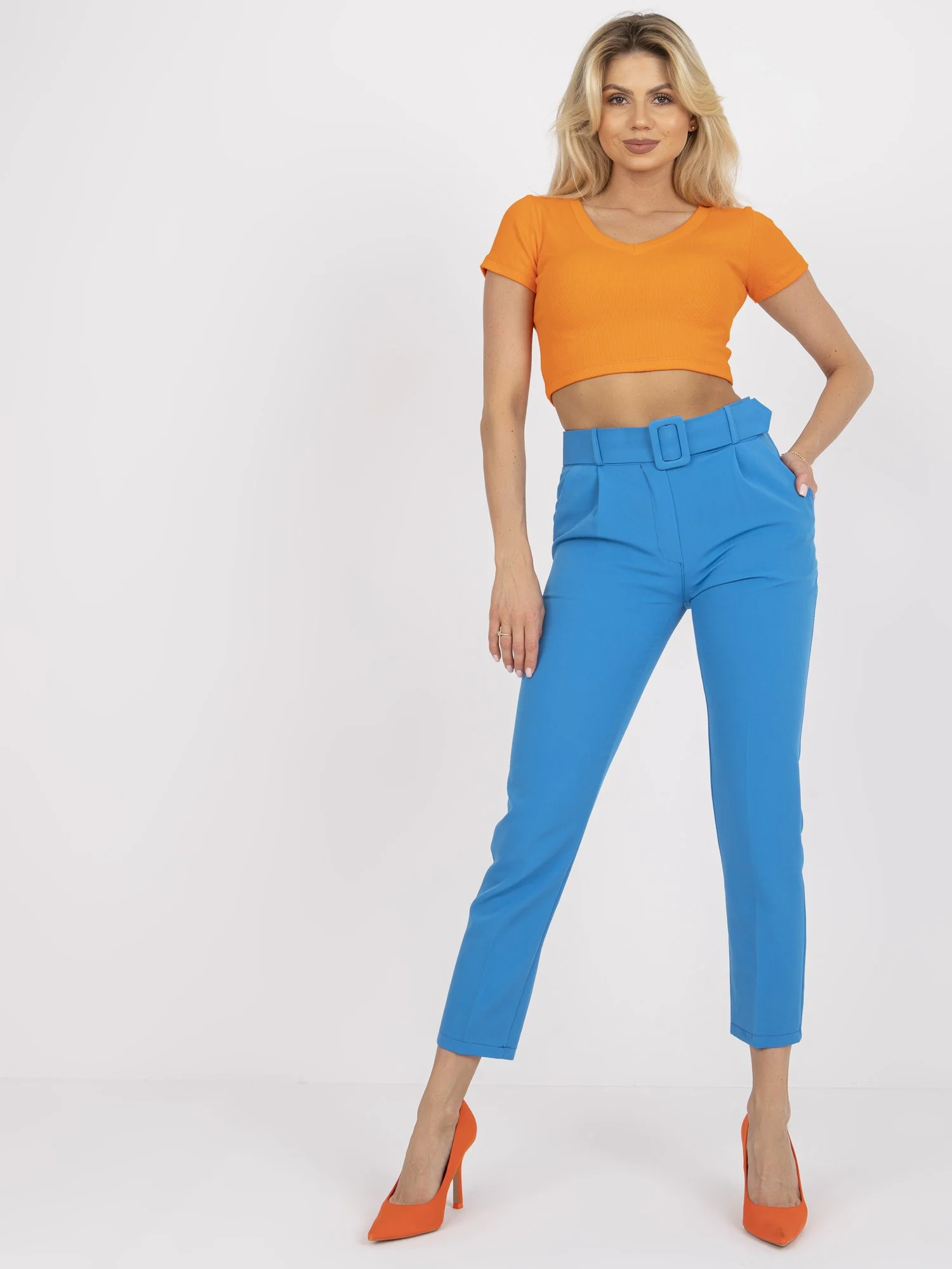 Pantaloni Dama Elegant, Guler inalt, ITALY MODA, Albastru Eleganta Office Marimi Mari - imagine 6