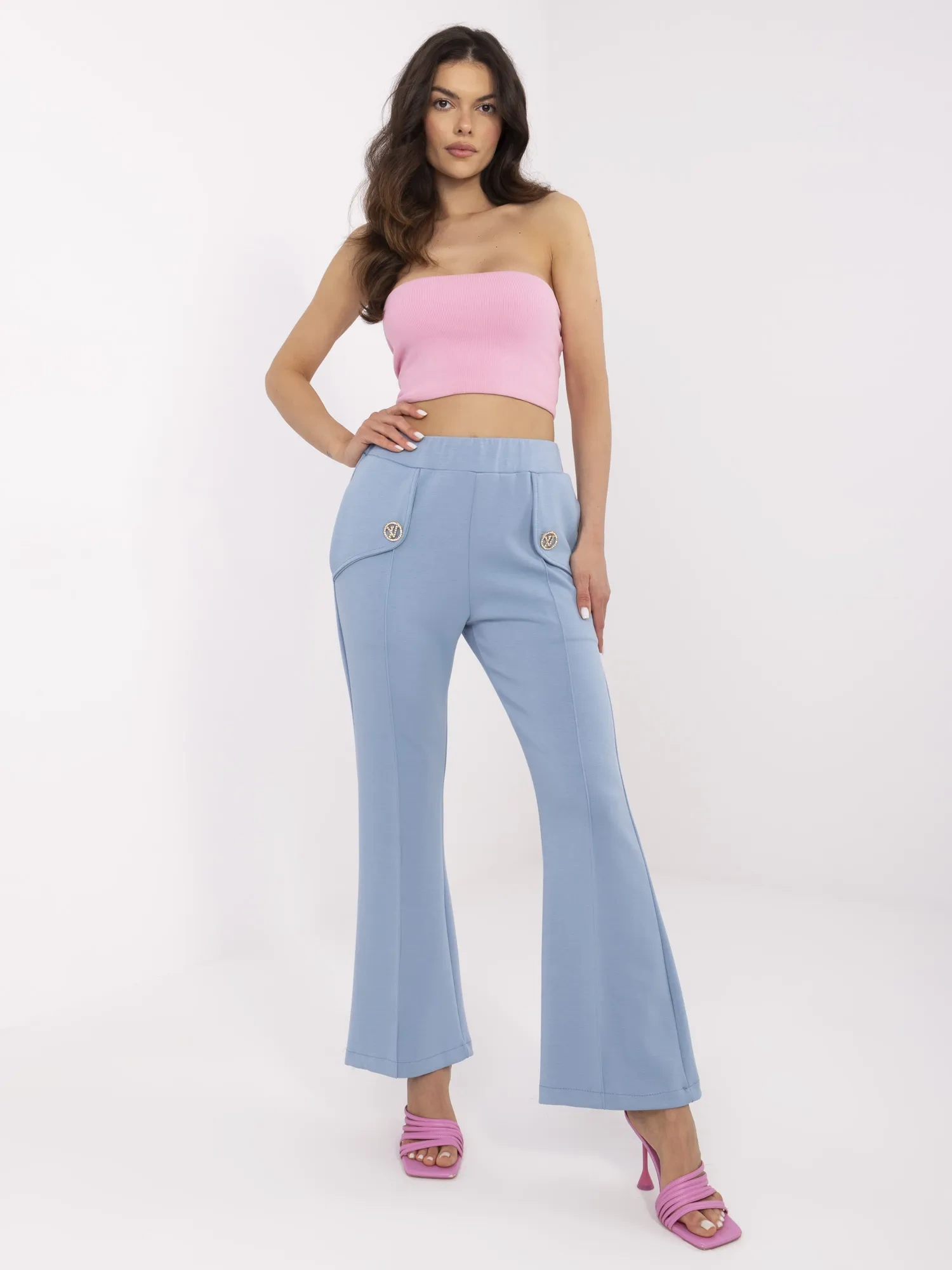 Pantaloni Dama Lejera, Guler inalt, ITALY MODA, Albastru Eleganta Office - imagine 3