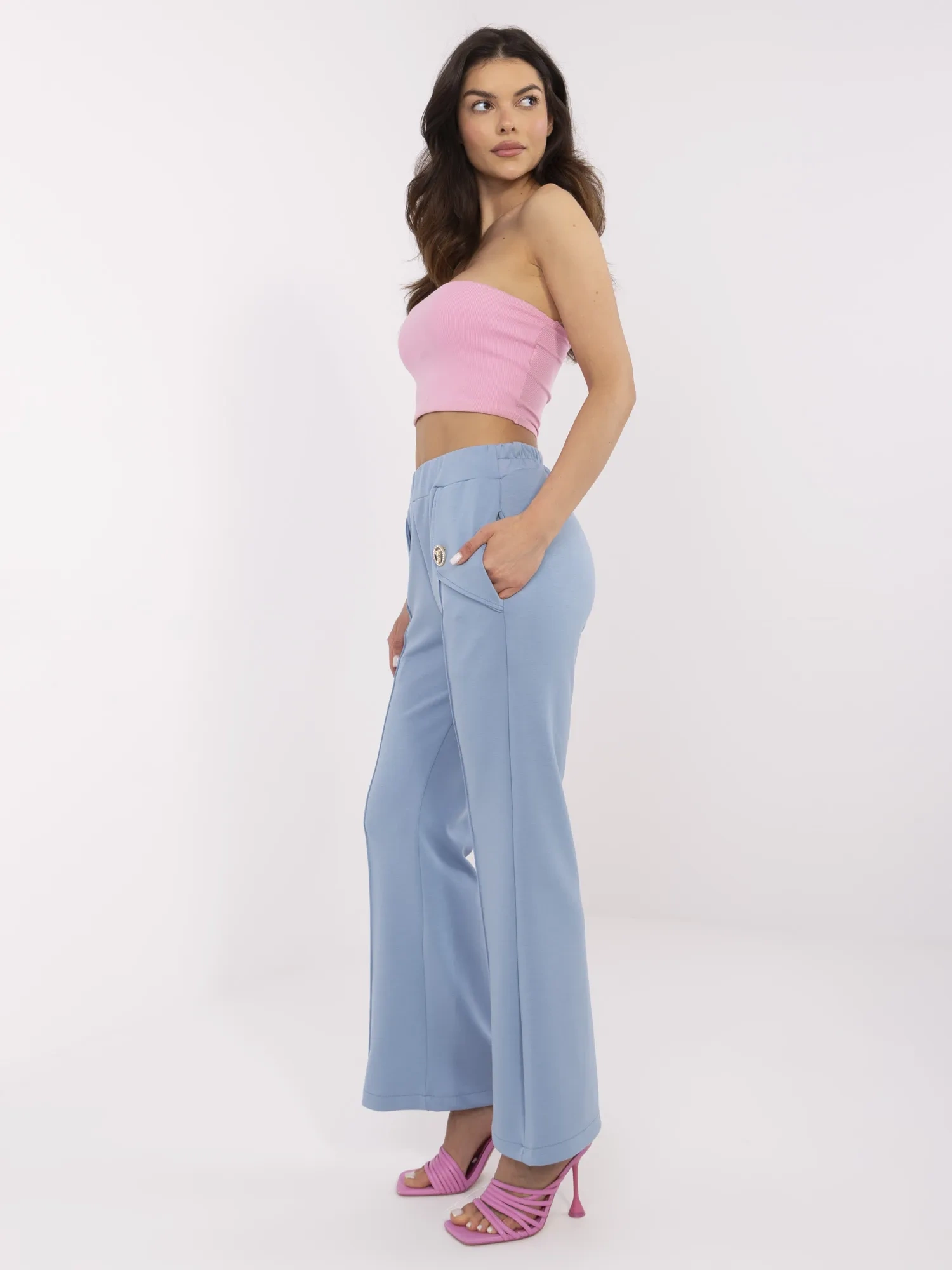 Pantaloni Dama Lejera, Guler inalt, ITALY MODA, Albastru Eleganta Office - imagine 4