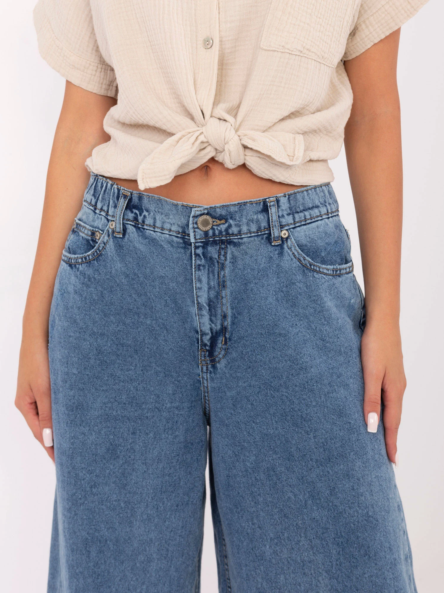 Pantaloni Dama Larga, Guler inalt, Sublevel, Albastru Casual Marimi Mari - imagine 4