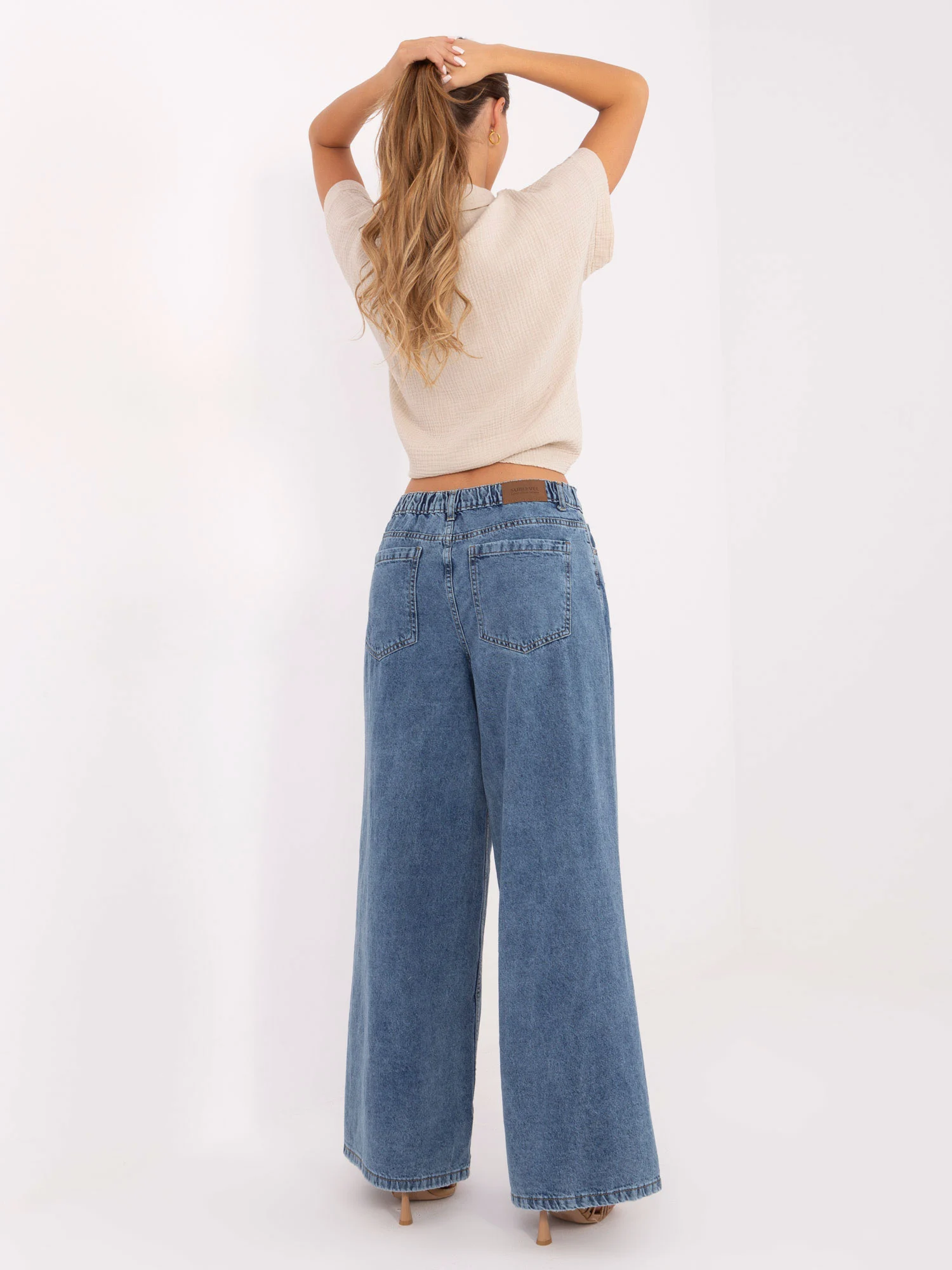 Pantaloni Dama Larga, Guler inalt, Sublevel, Albastru Casual Marimi Mari - imagine 3