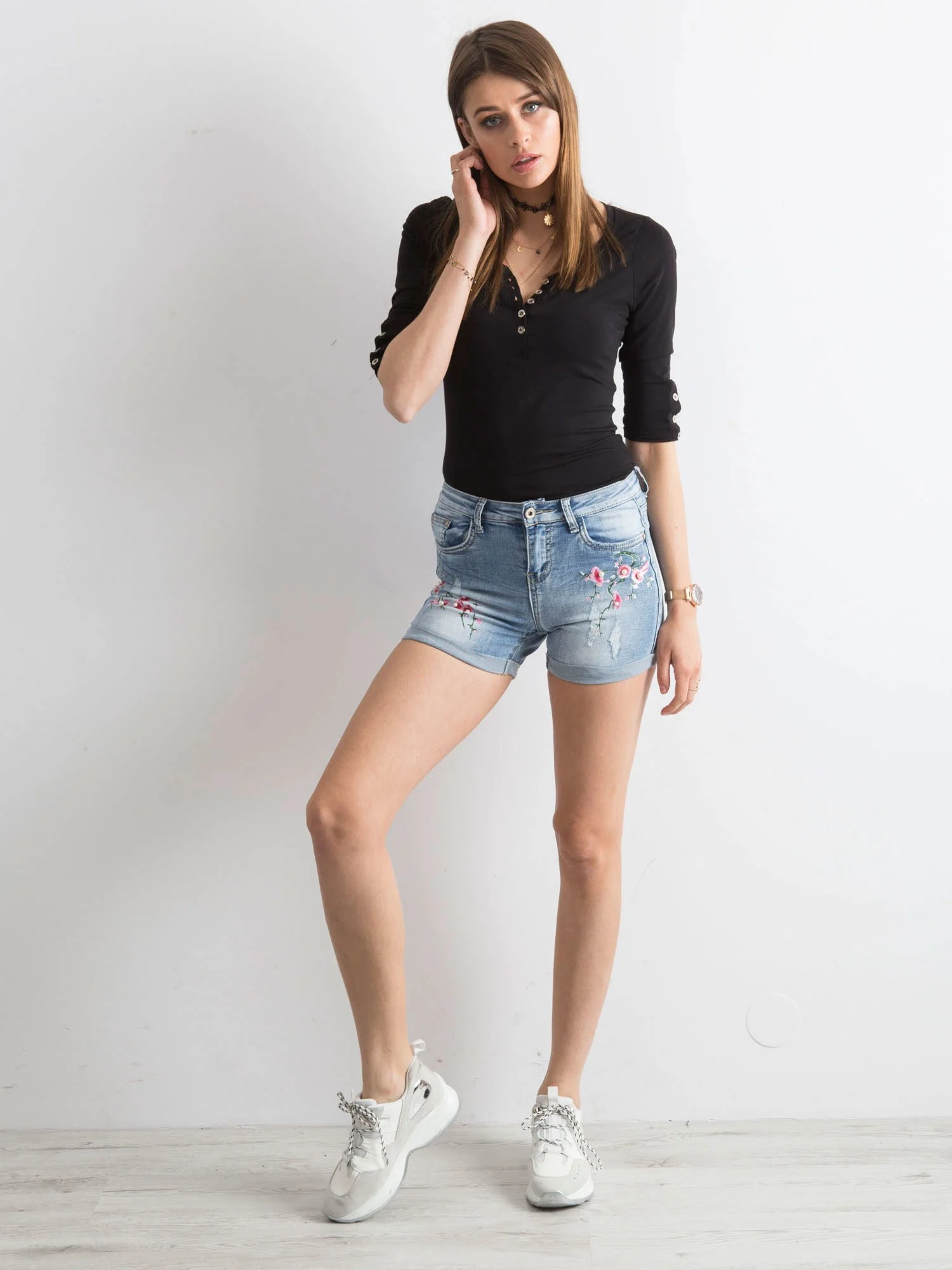 Pantaloni Scurti Dama Floral, Dreapta, Elegant's Deluxe, Albastru Casual - imagine 3
