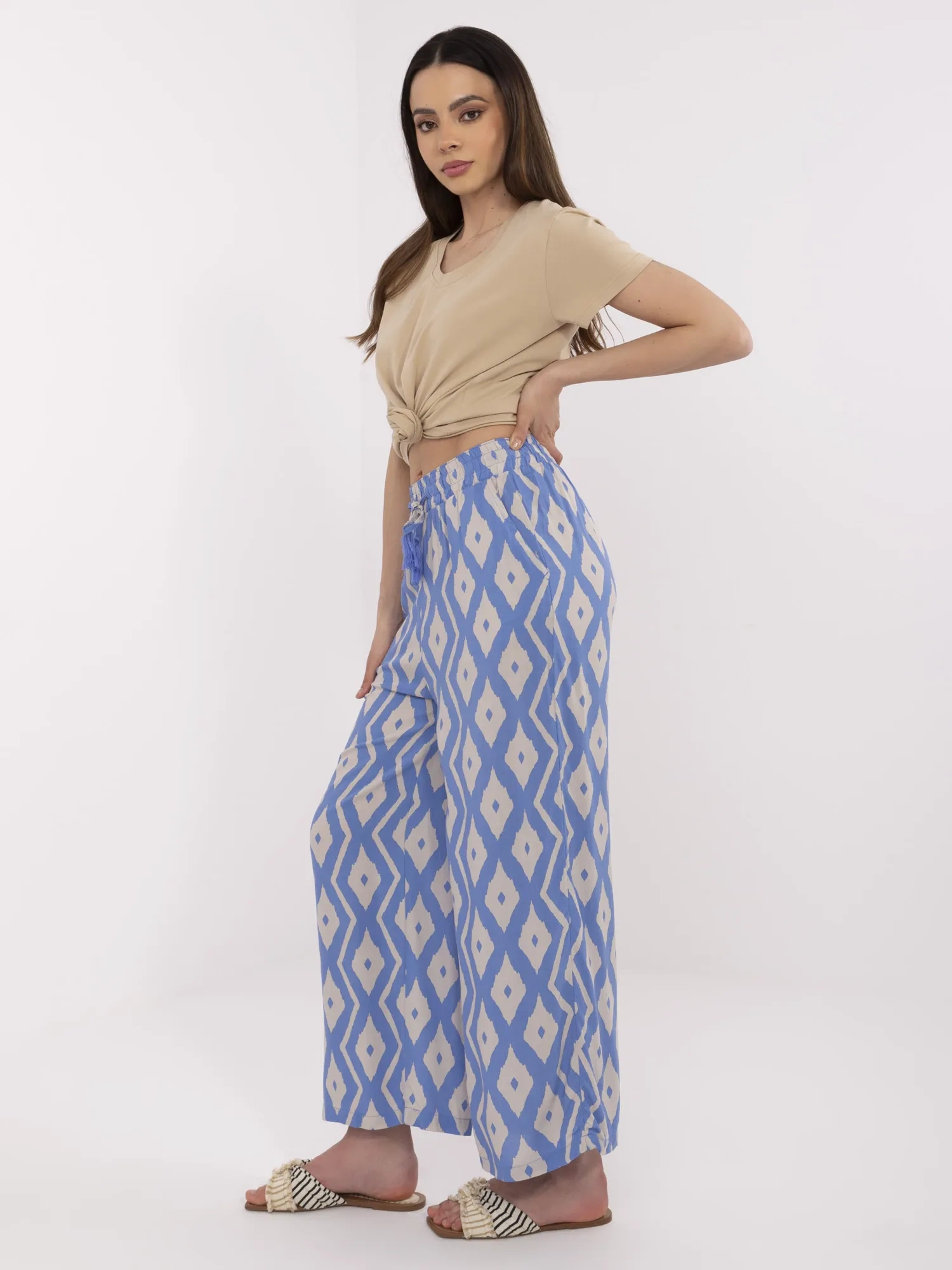 Pantaloni Dama Geometric, Larga, Sublevel, Albastru Casual - imagine 3