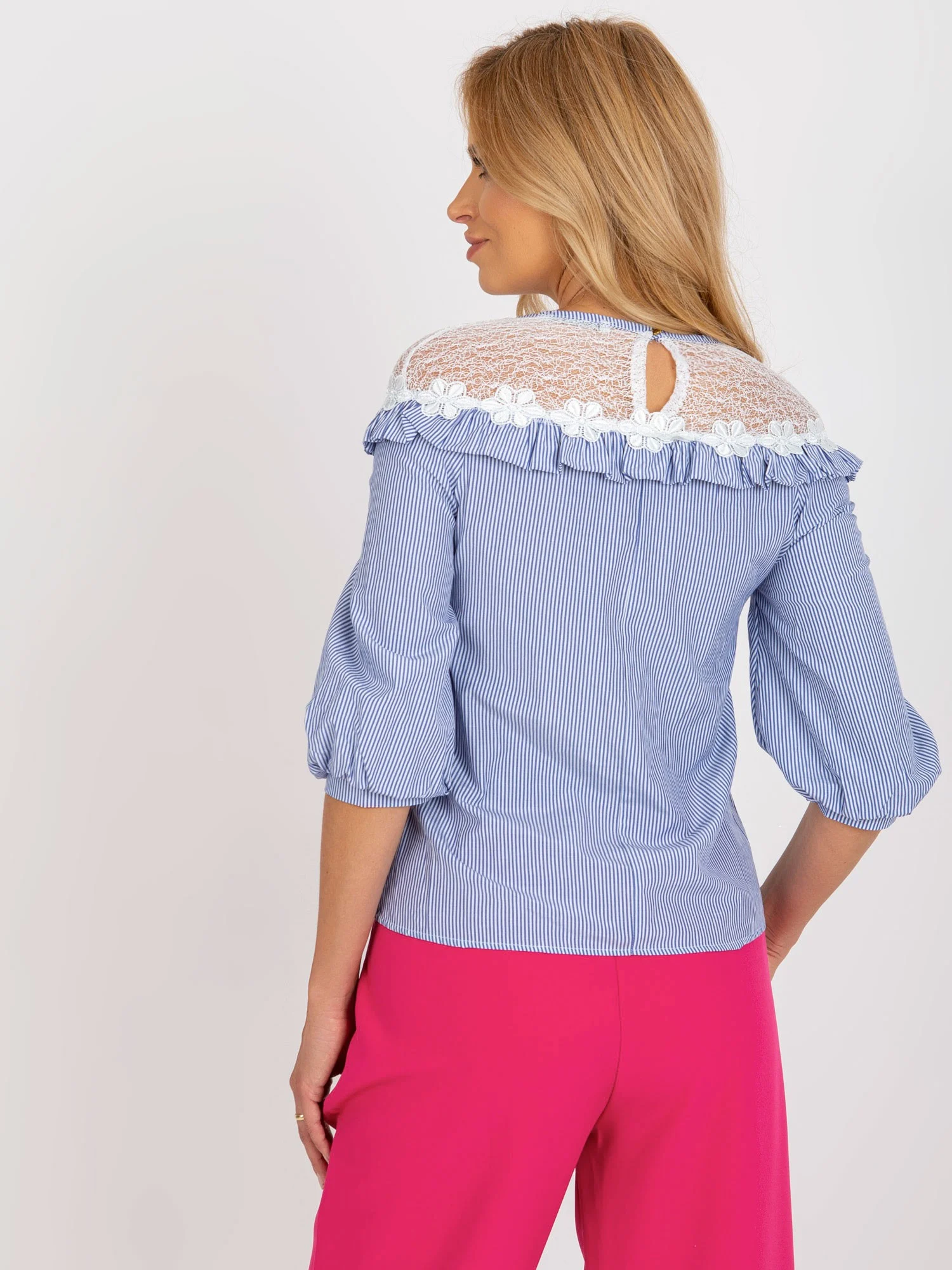 Bluza Dama Maneca 3/4, Dungi, LAKERTA, Albastru Eleganta Office - imagine 5
