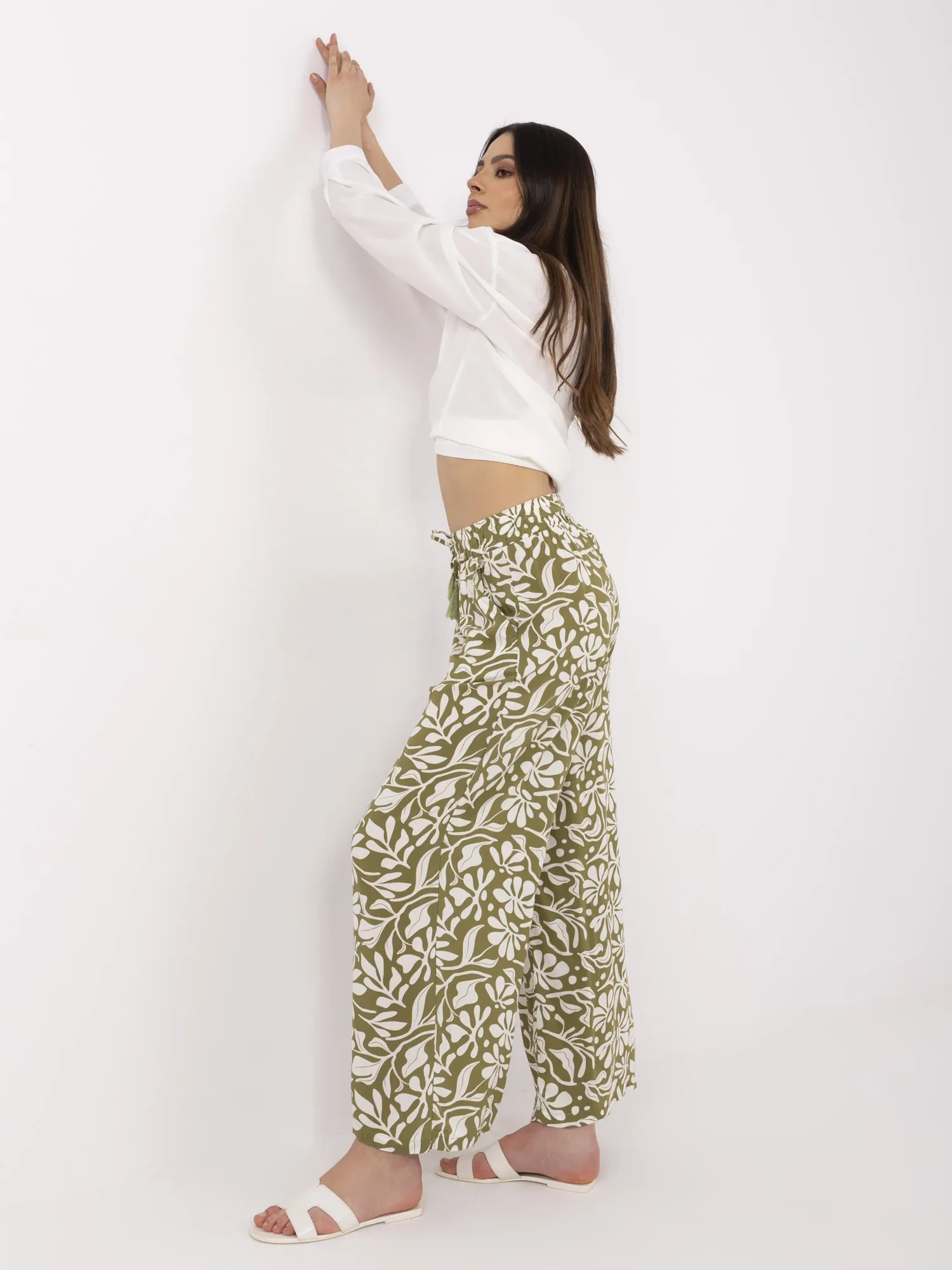 Pantaloni Dama Larga, Guler inalt, Sublevel, Masliniu Casual - imagine 5