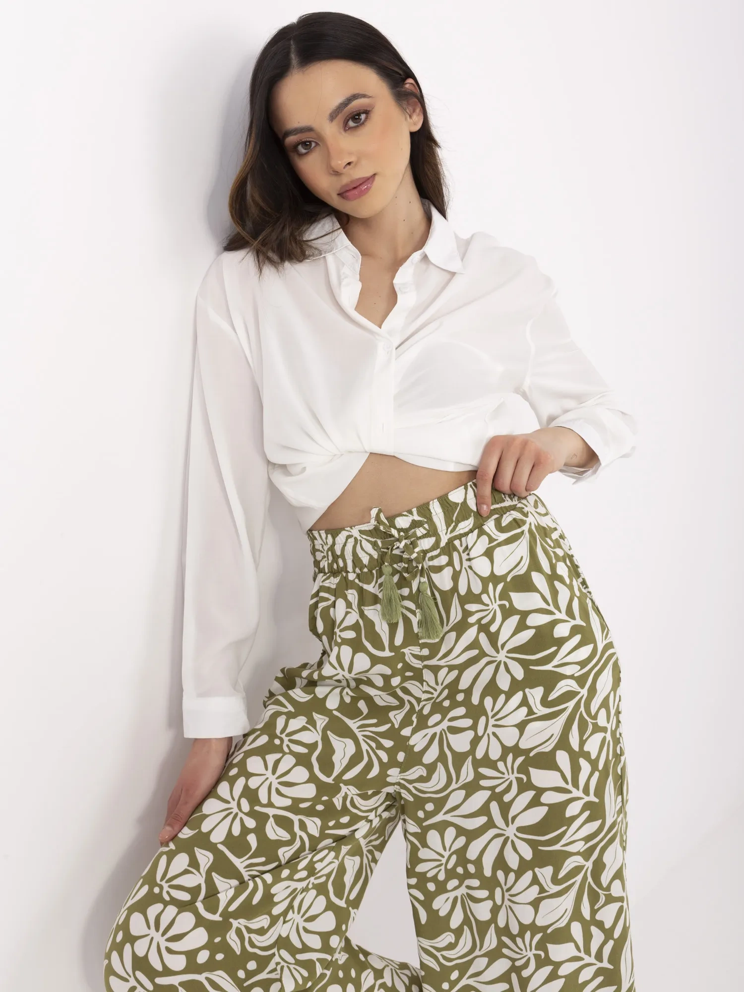Pantaloni Dama Larga, Guler inalt, Sublevel, Masliniu Casual - imagine 4