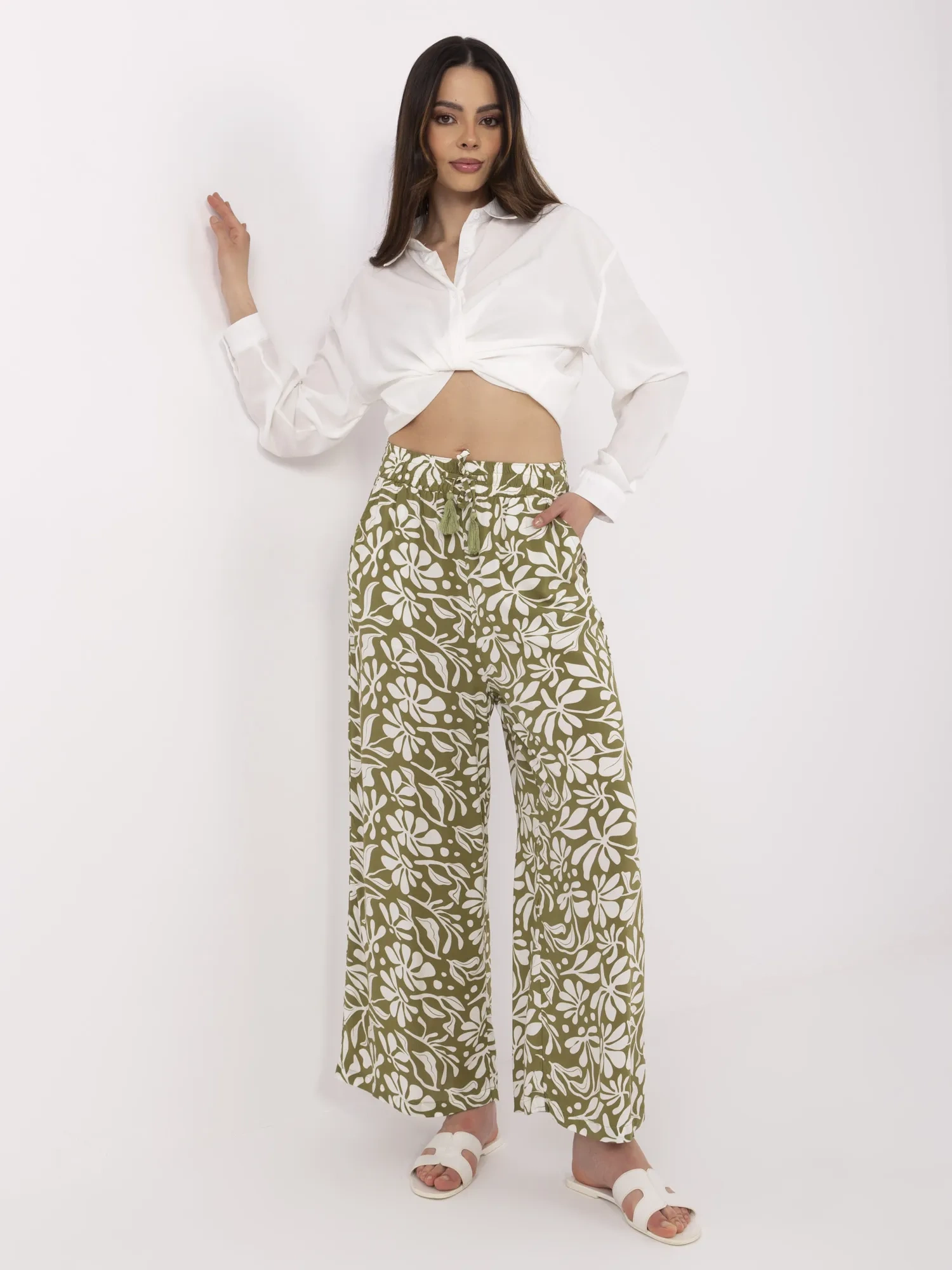 Pantaloni Dama Larga, Guler inalt, Sublevel, Masliniu Casual - imagine 3
