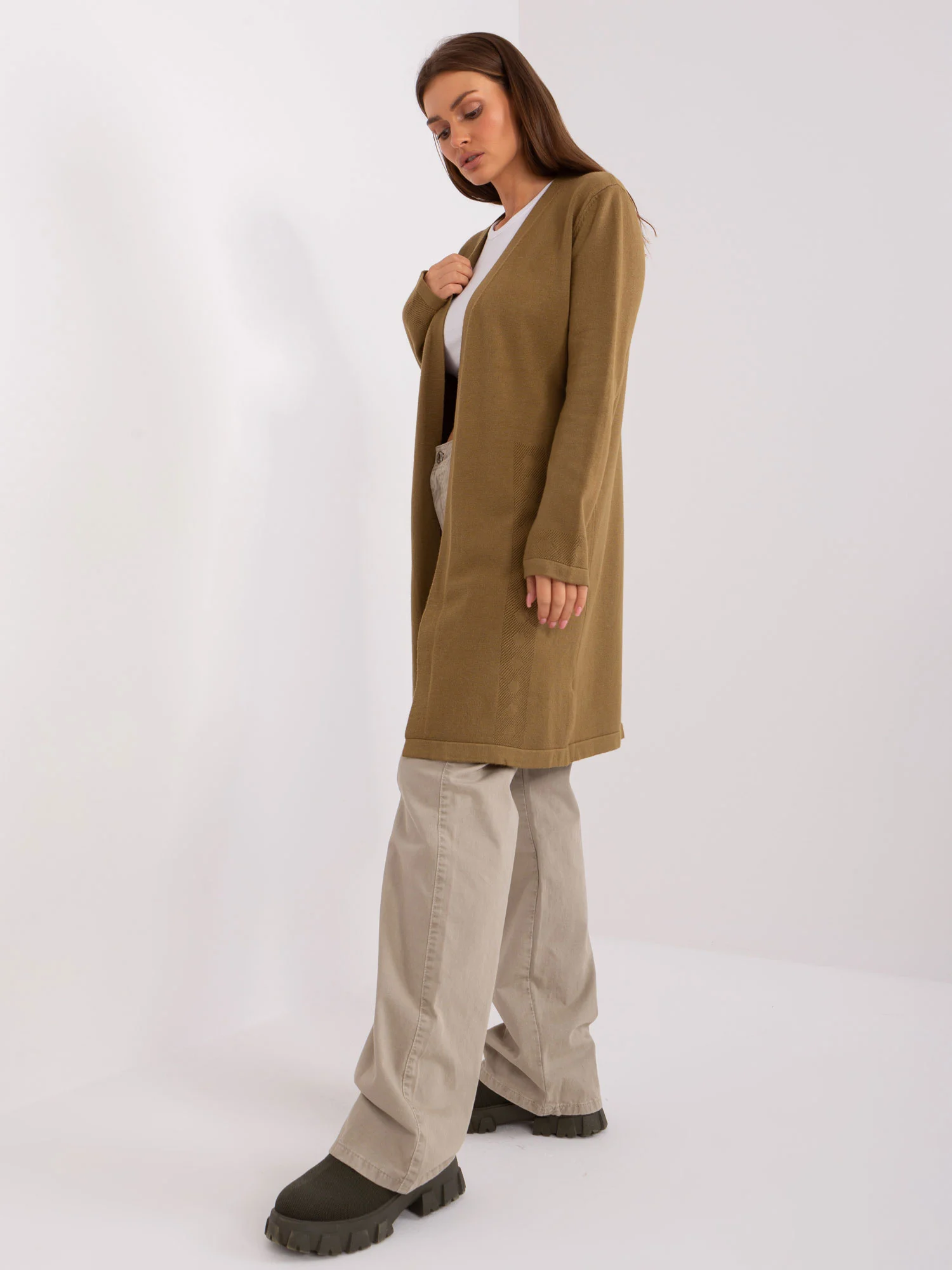 Cardigan Dama Maneca lunga, Guler inalt, Wool Fashion Italia, Masliniu Casual - imagine 4
