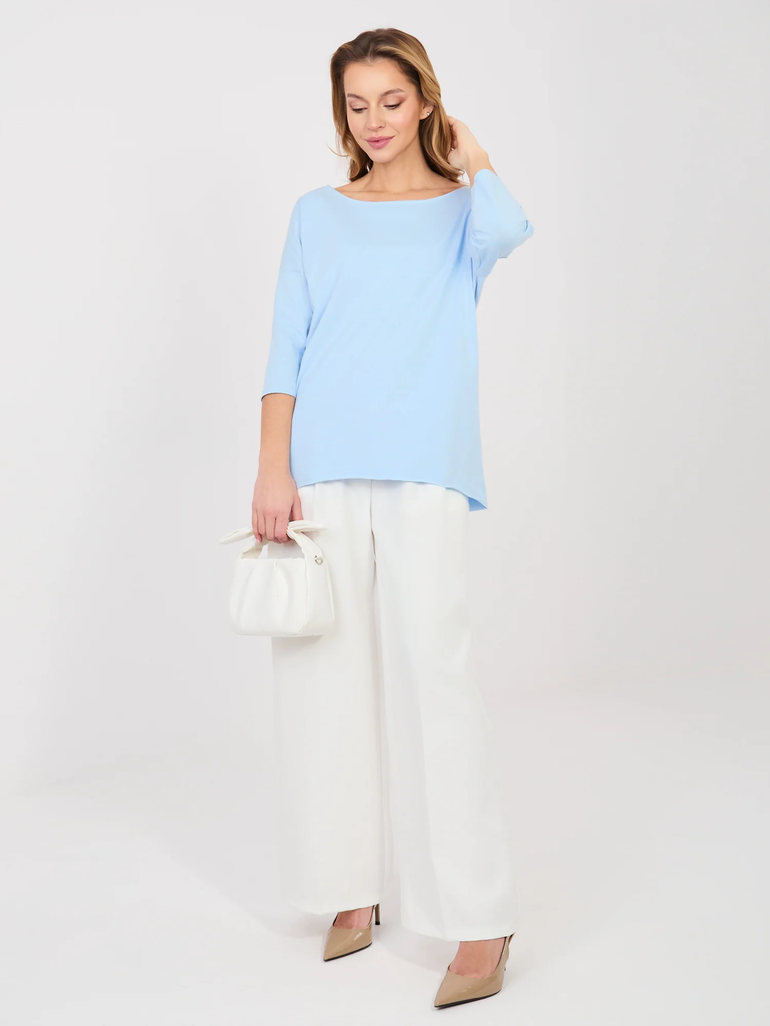Bluza Dama Maneca 3/4, Decolteu barcuta, RUE PARIS, Albastru Casual - imagine 2