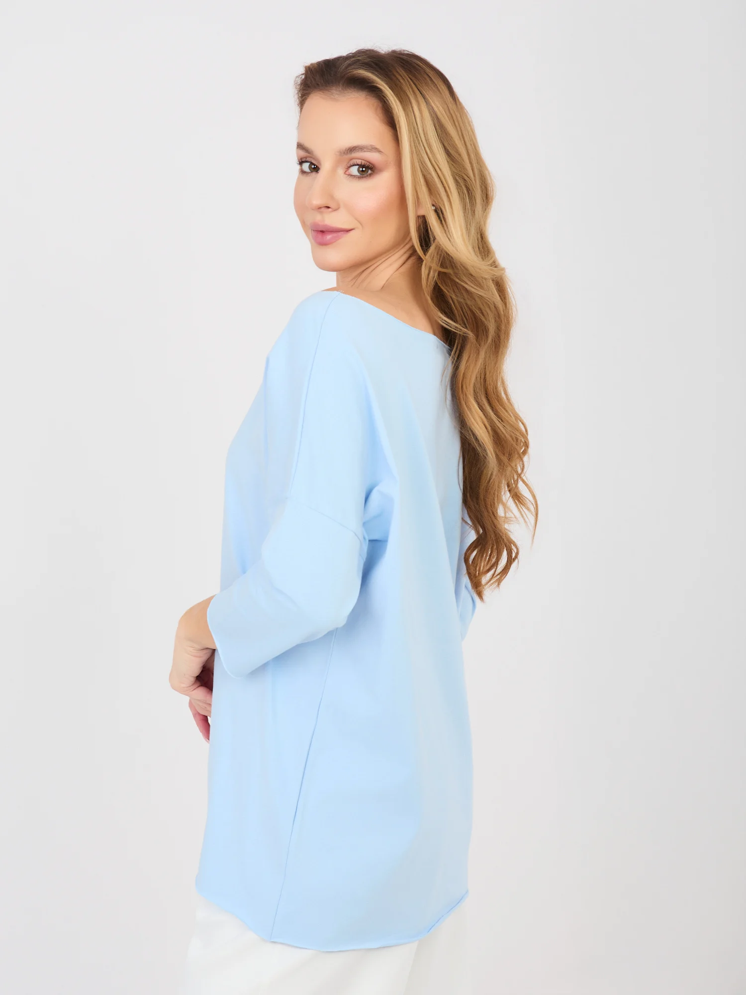 Bluza Dama Maneca 3/4, Decolteu barcuta, RUE PARIS, Albastru Casual - imagine 3