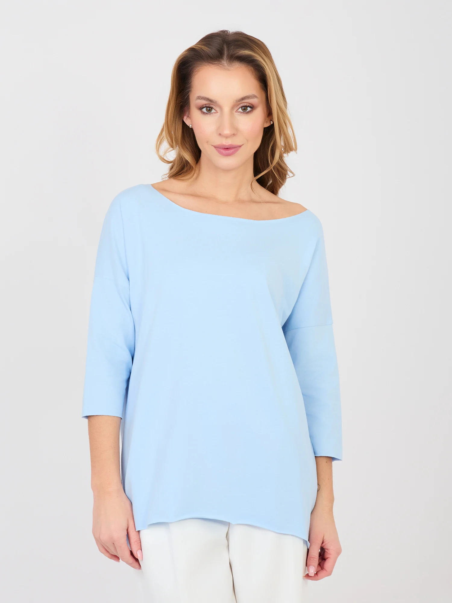 Bluza Dama Maneca 3/4, Decolteu barcuta, RUE PARIS, Albastru Casual - imagine 6