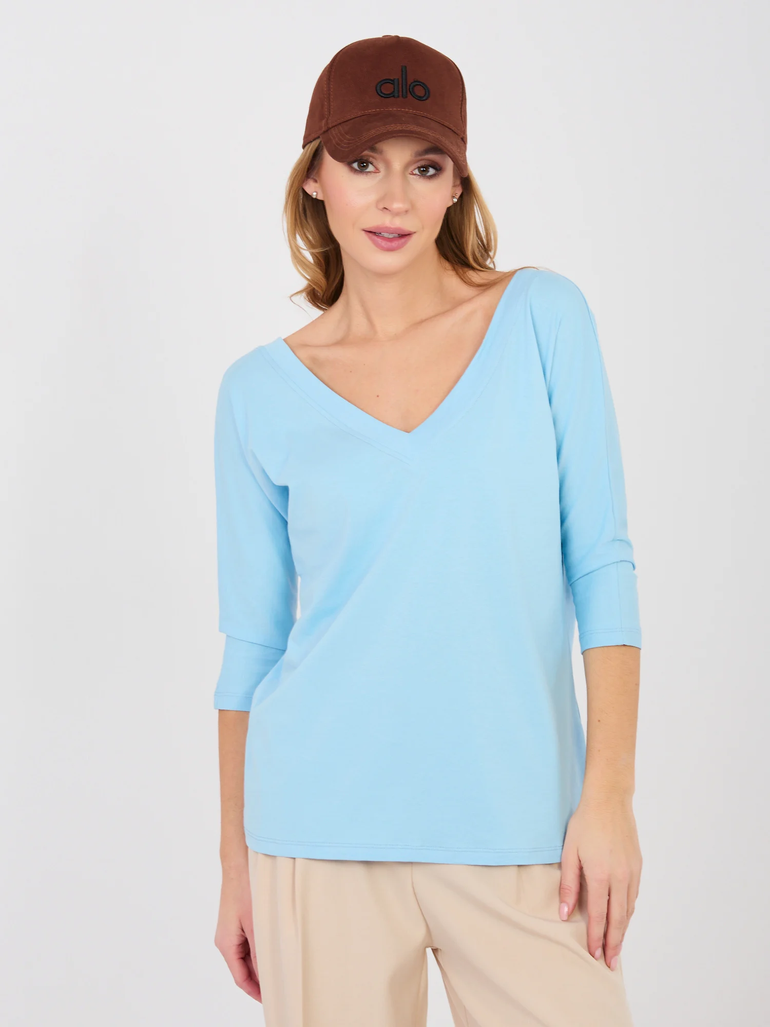 Bluza Dama Maneca 3/4, Decolteu in V, RUE PARIS, Albastru - imagine 6