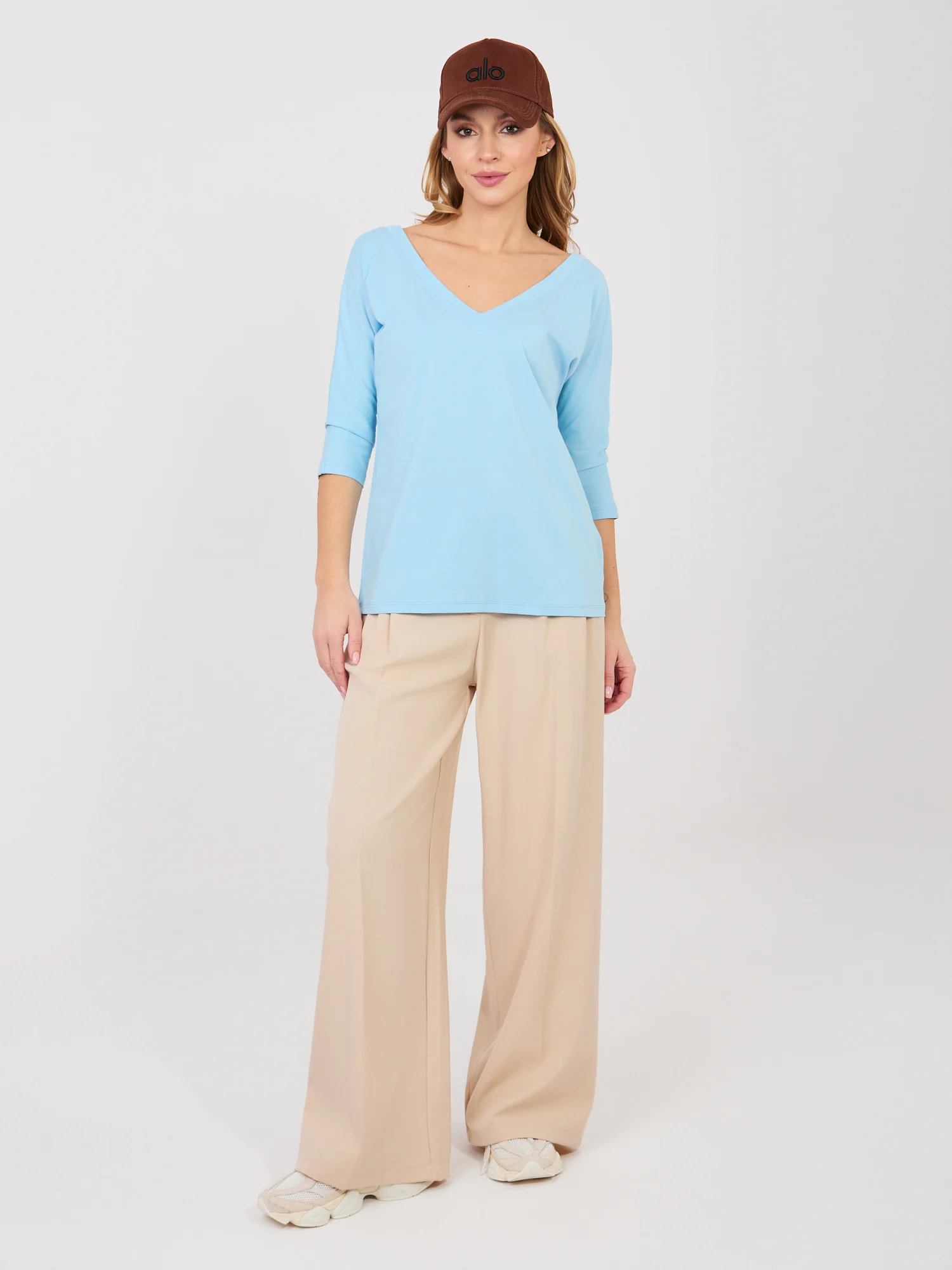 Bluza Dama Maneca 3/4, Decolteu in V, RUE PARIS, Albastru - imagine 3