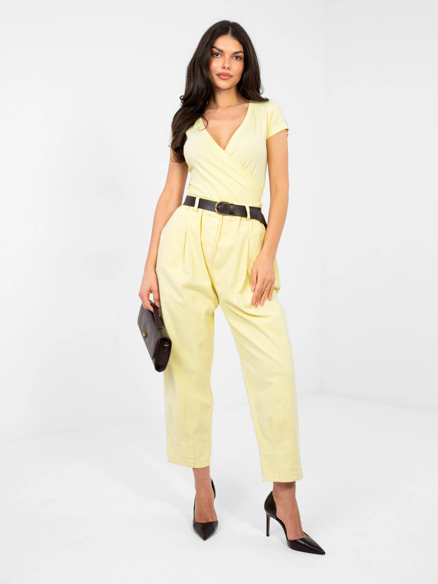 Pantaloni Dama Conica, Guler inalt, ITALY MODA, Galben Eleganta Office - imagine 3