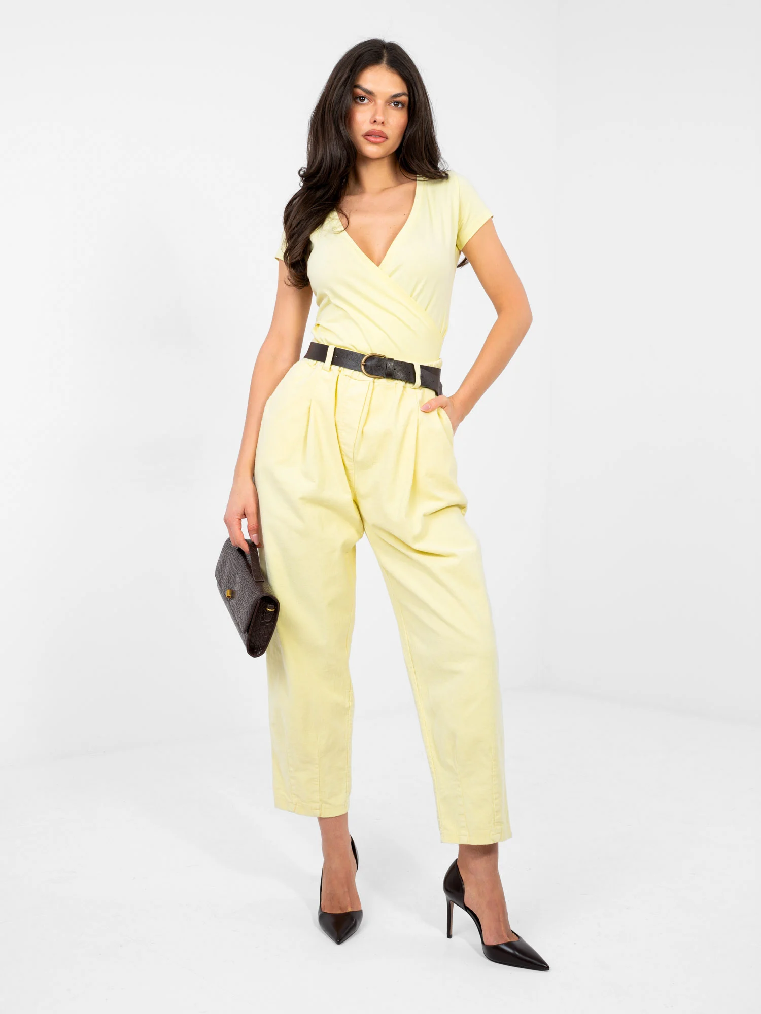 Pantaloni Dama Conica, Guler inalt, ITALY MODA, Galben Eleganta Office - imagine 4