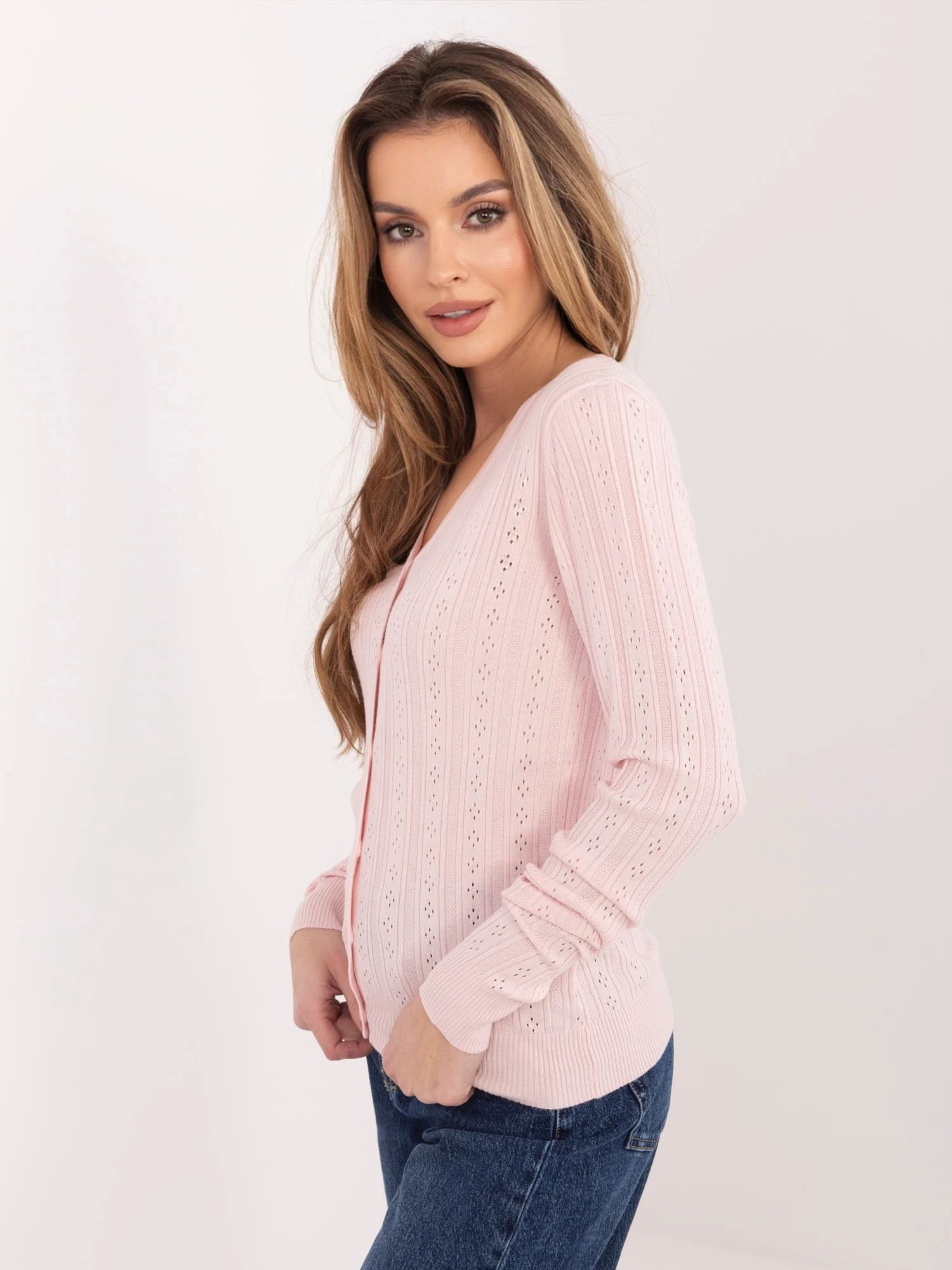 Pulover Dama Maneca lunga, Decolteu in V, Sublevel, Roz Eleganta Office - imagine 5