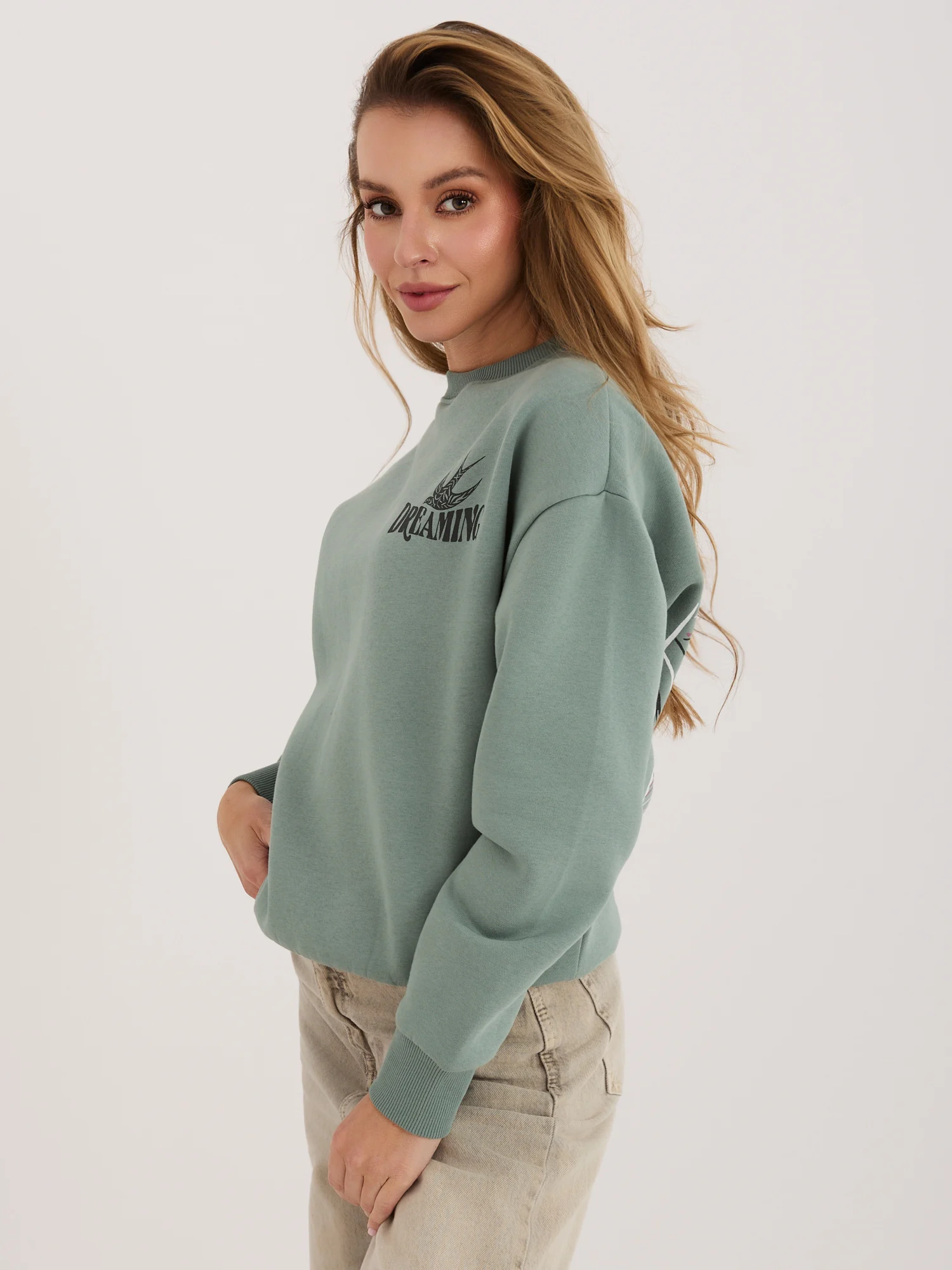 Hanorac Dama Maneca lunga, Decolteu rotund, Sublevel, Fistic Casual - imagine 2