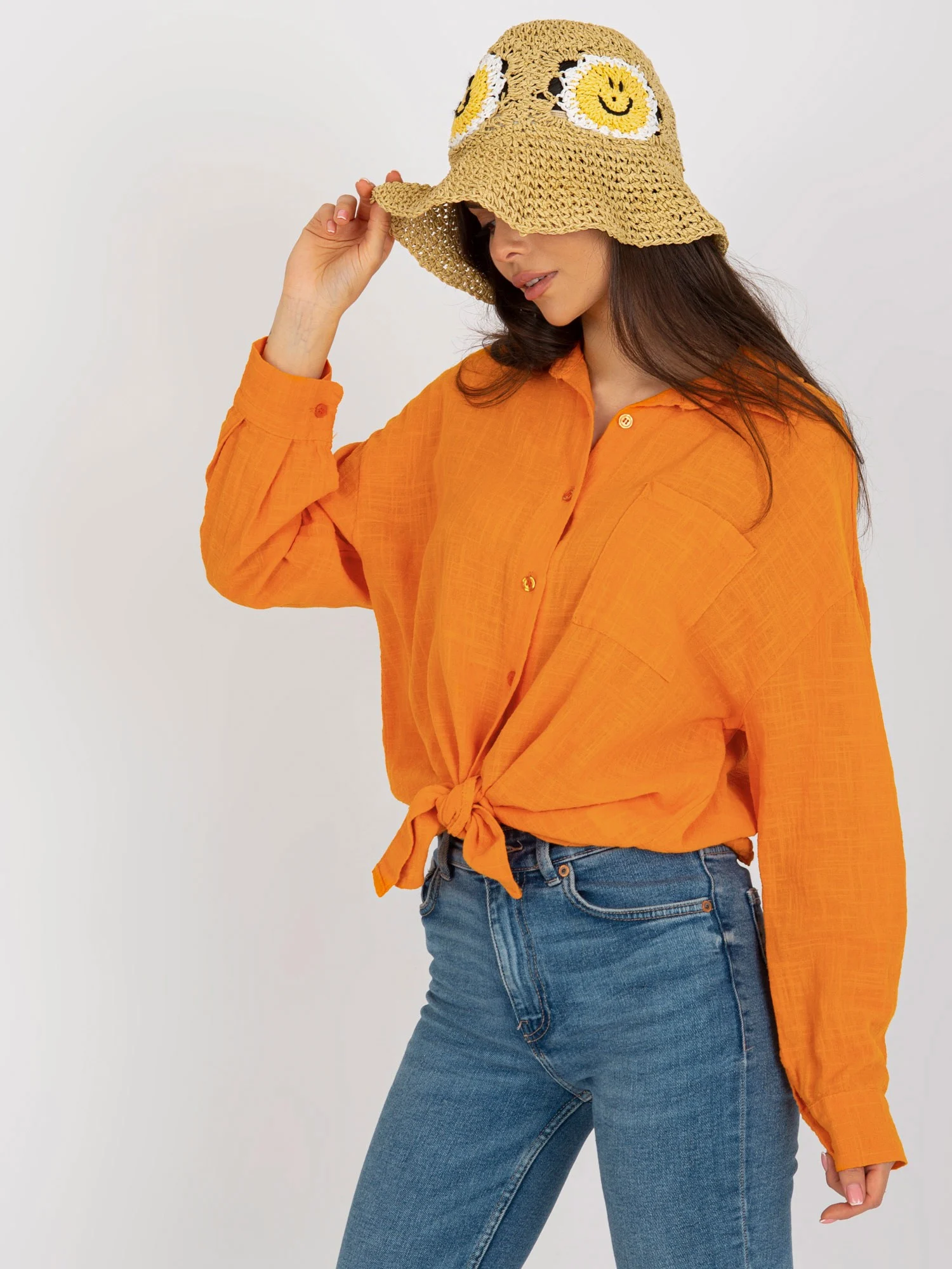 Camasa Dama Maneca lunga, Guler inalt, Och Bella, Portocaliu Casual - imagine 6