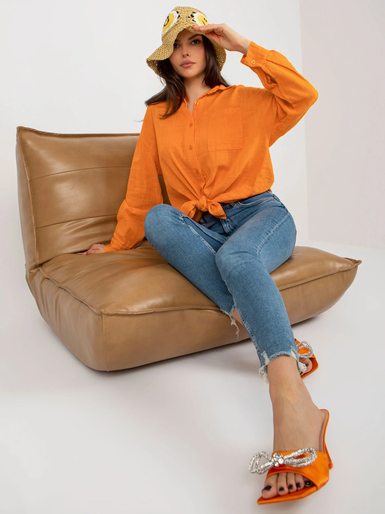 Camasa Dama Maneca lunga, Guler inalt, Och Bella, Portocaliu Casual - imagine 2