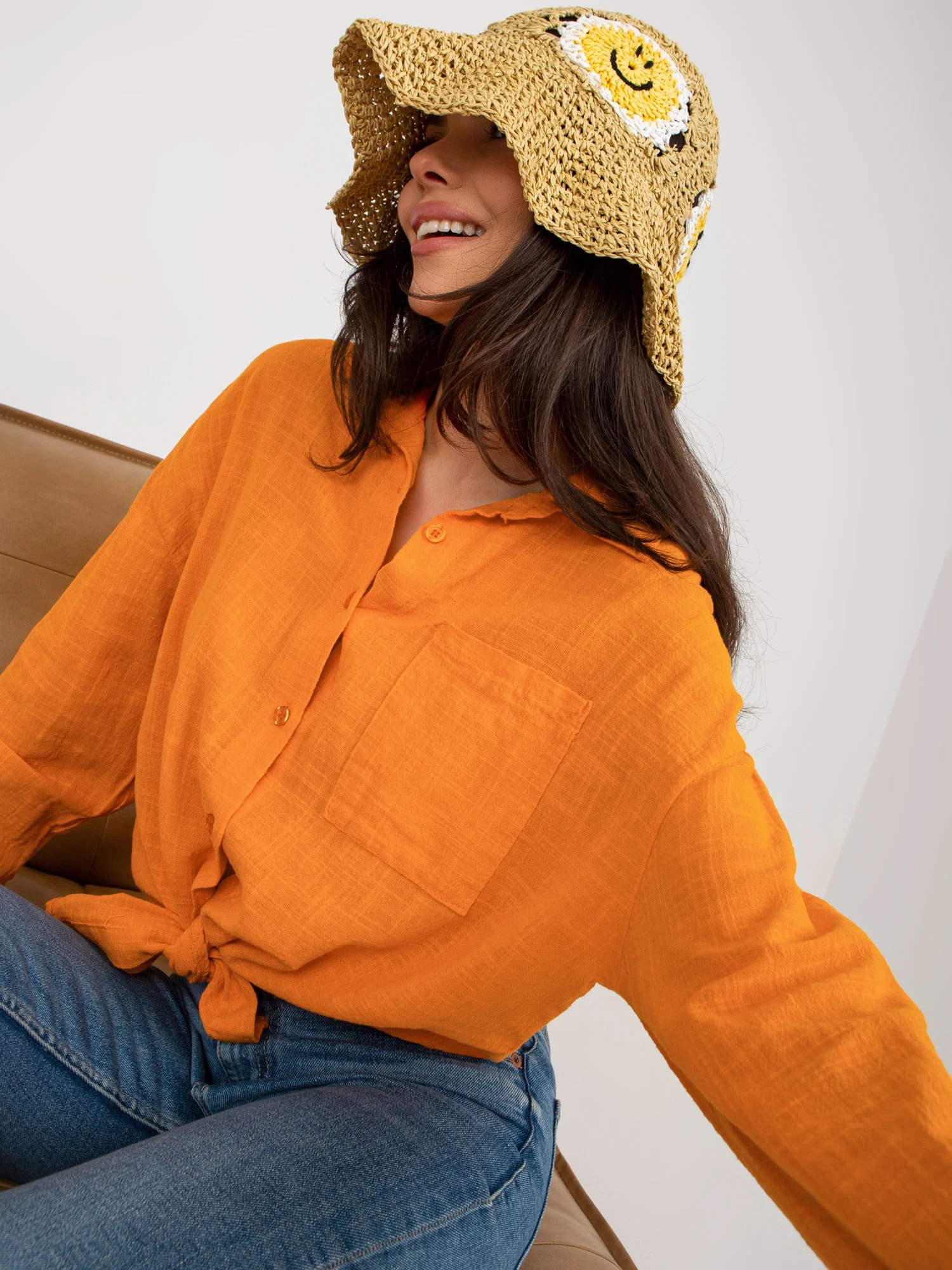 Camasa Dama Maneca lunga, Guler inalt, Och Bella, Portocaliu Casual - imagine 4