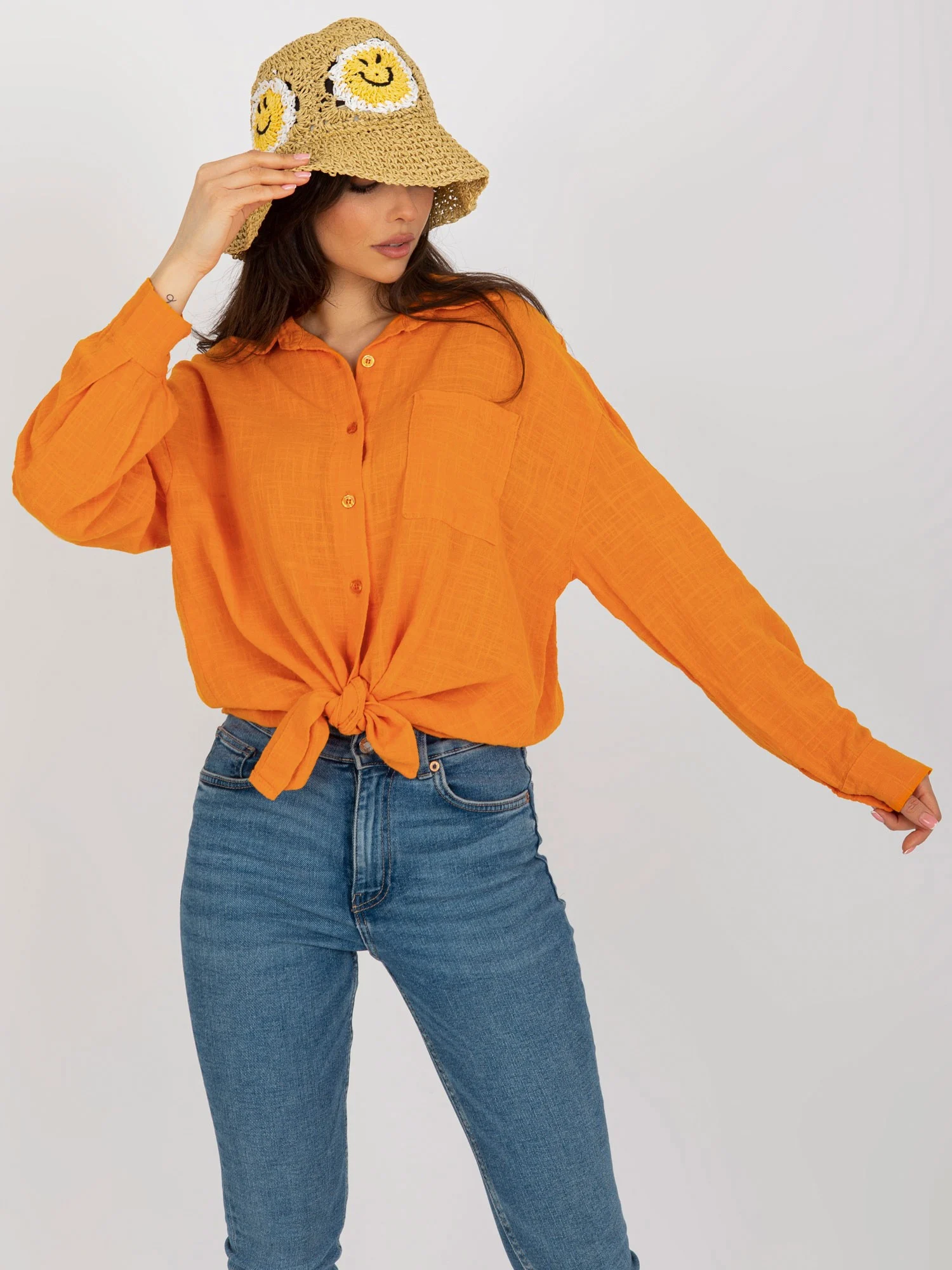Camasa Dama Maneca lunga, Guler inalt, Och Bella, Portocaliu Casual - imagine 5