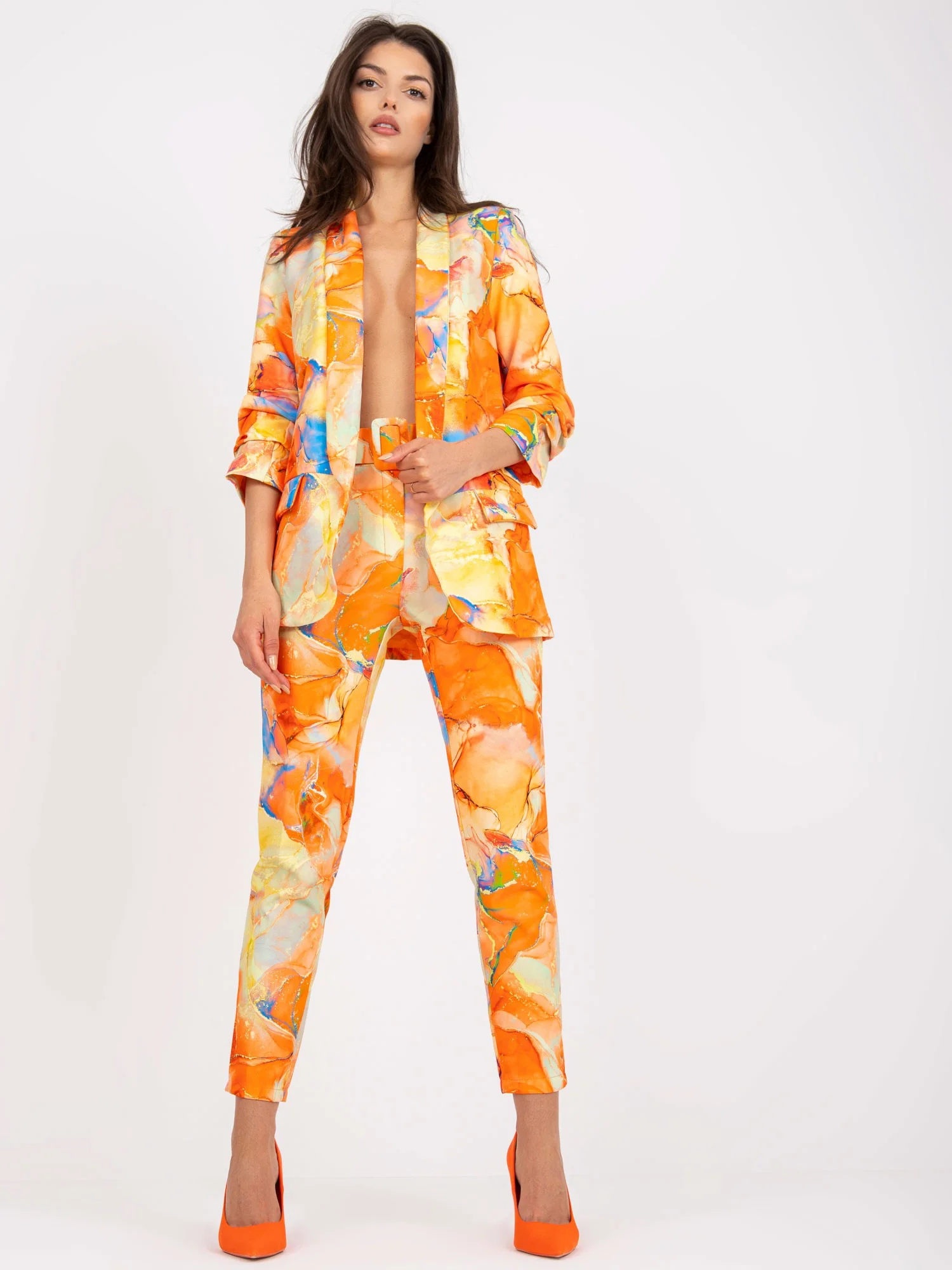 Sacou Dama Maneca 3/4, Imprimat, ITALY MODA, Portocaliu Eleganta Office Marimi Mari - imagine 2