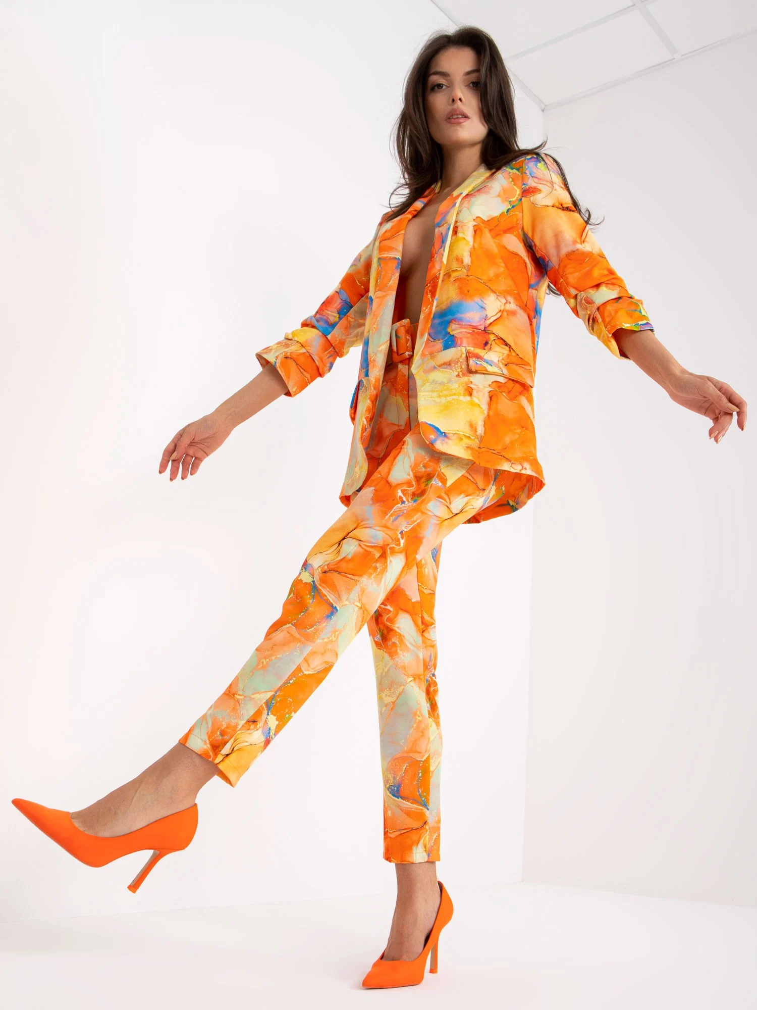 Sacou Dama Maneca 3/4, Imprimat, ITALY MODA, Portocaliu Eleganta Office Marimi Mari - imagine 3