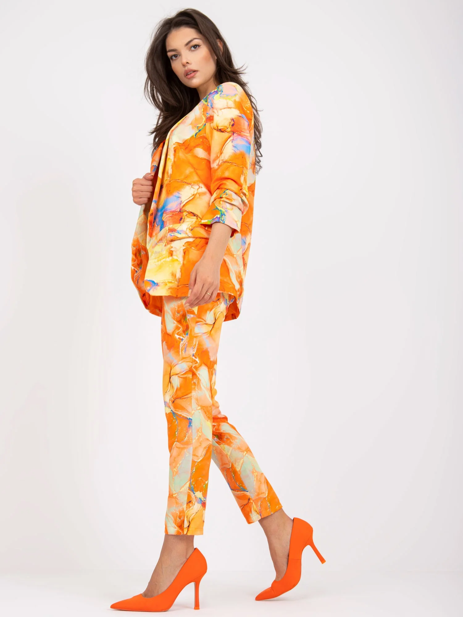 Sacou Dama Maneca 3/4, Imprimat, ITALY MODA, Portocaliu Eleganta Office Marimi Mari - imagine 7