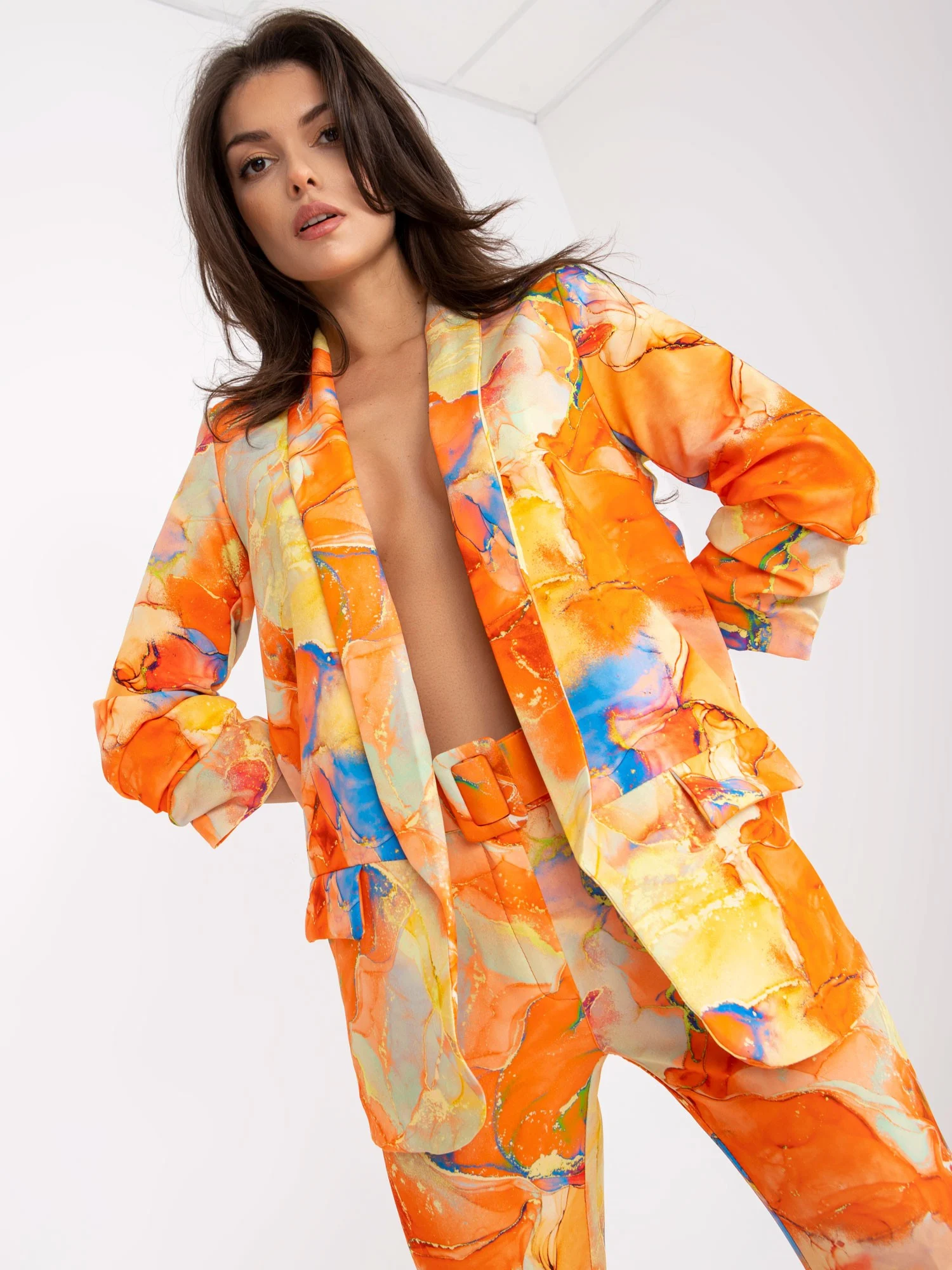 Sacou Dama Maneca 3/4, Imprimat, ITALY MODA, Portocaliu Eleganta Office Marimi Mari - imagine 6