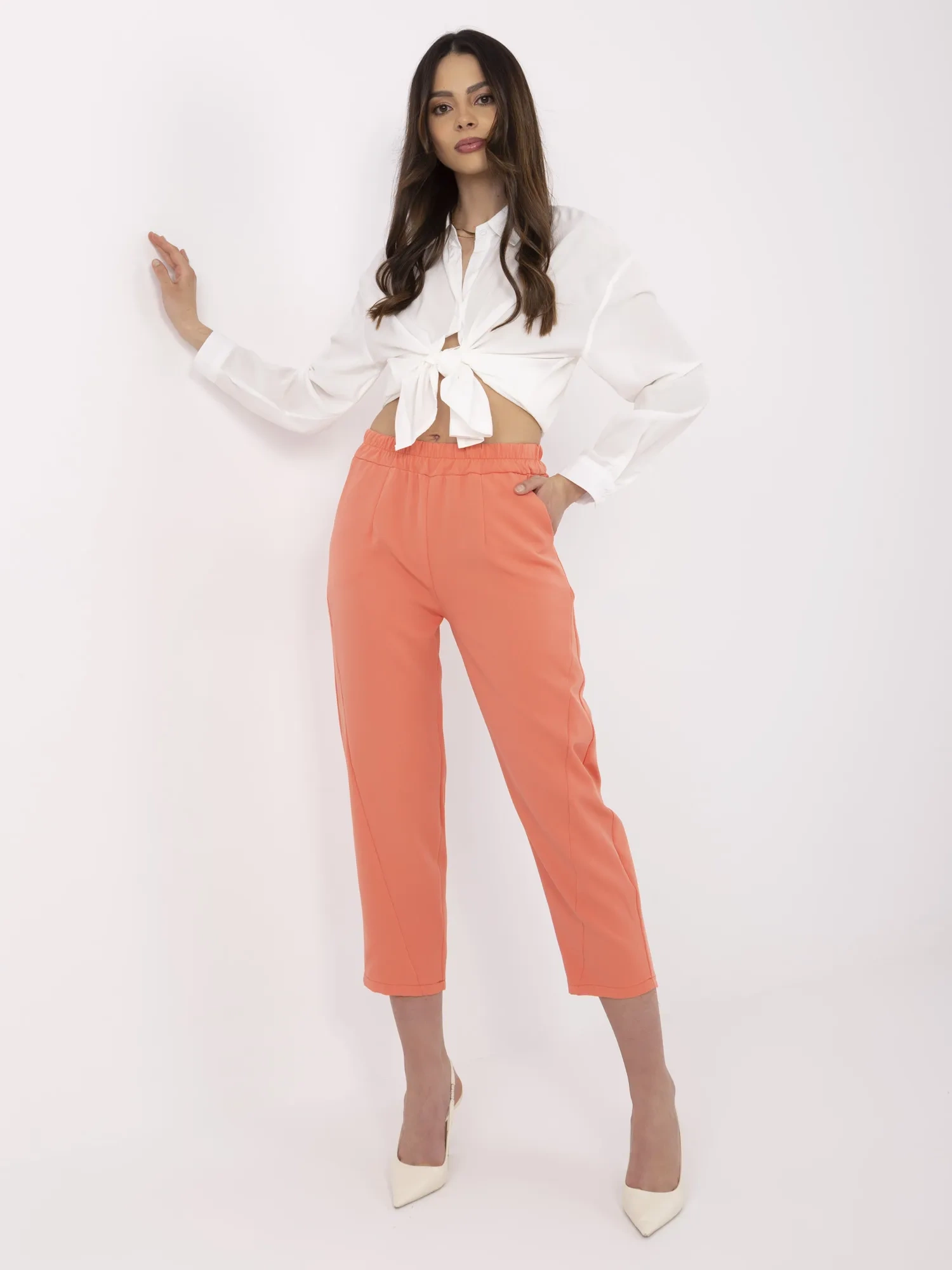 Pantaloni Dama Elegant, Guler inalt, Och Bella, Portocaliu Eleganta Office - imagine 3