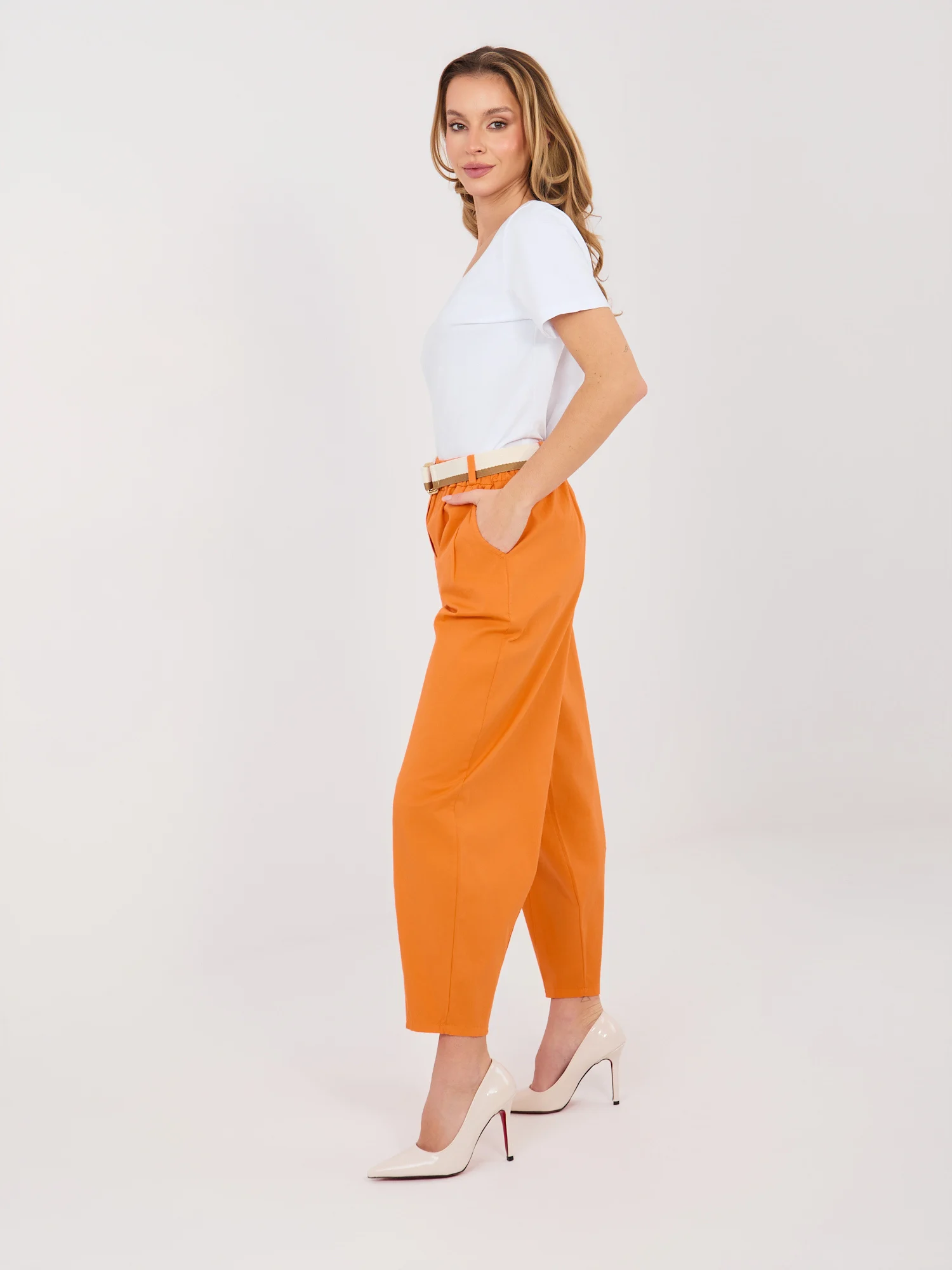 Pantaloni Dama 7/8, Conica, ITALY MODA, Portocaliu Casual - imagine 2