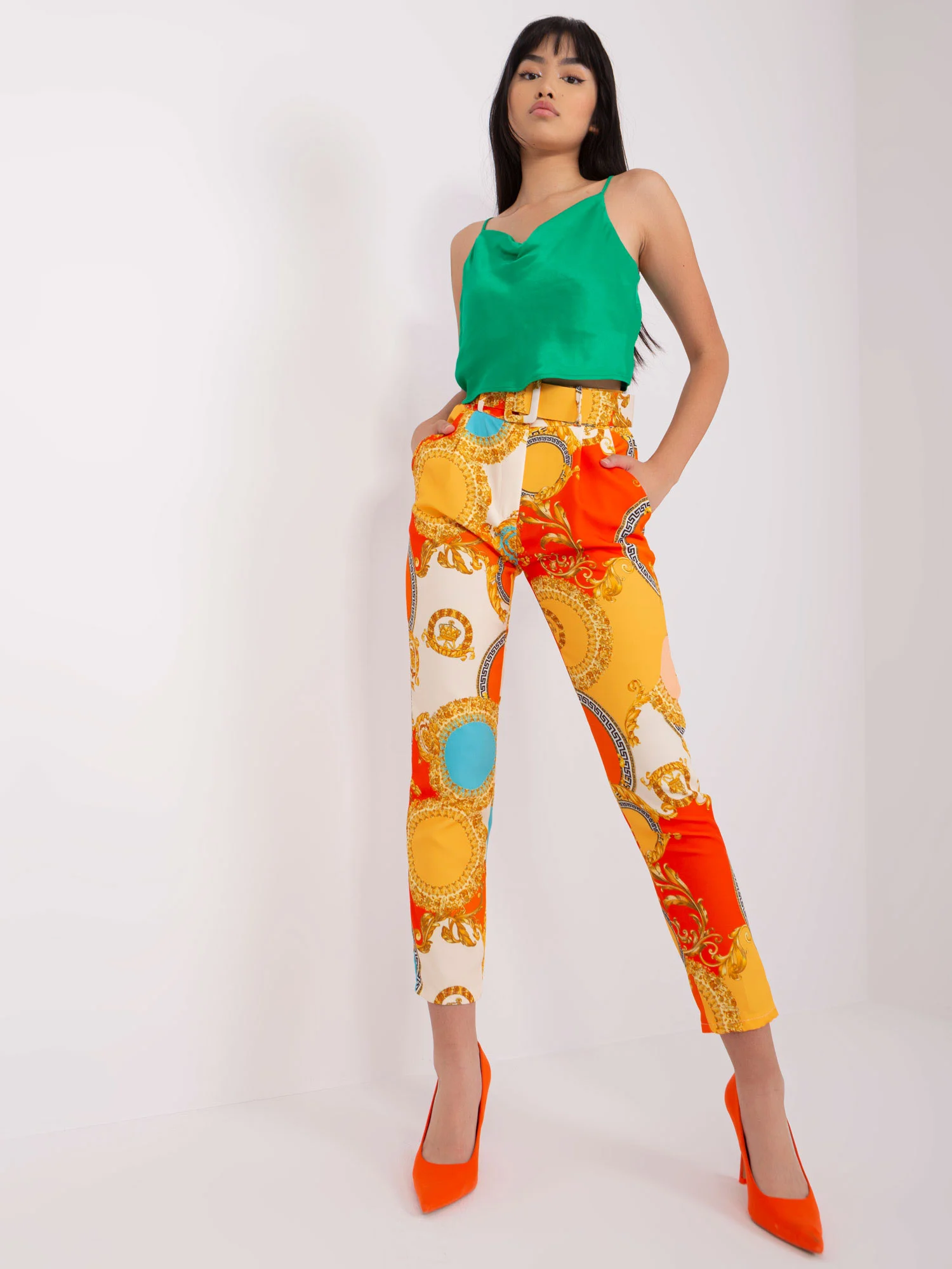 Pantaloni Dama Imprimat, Elegant, ITALY MODA, Portocaliu de Petrecere Marimi Mari - imagine 3
