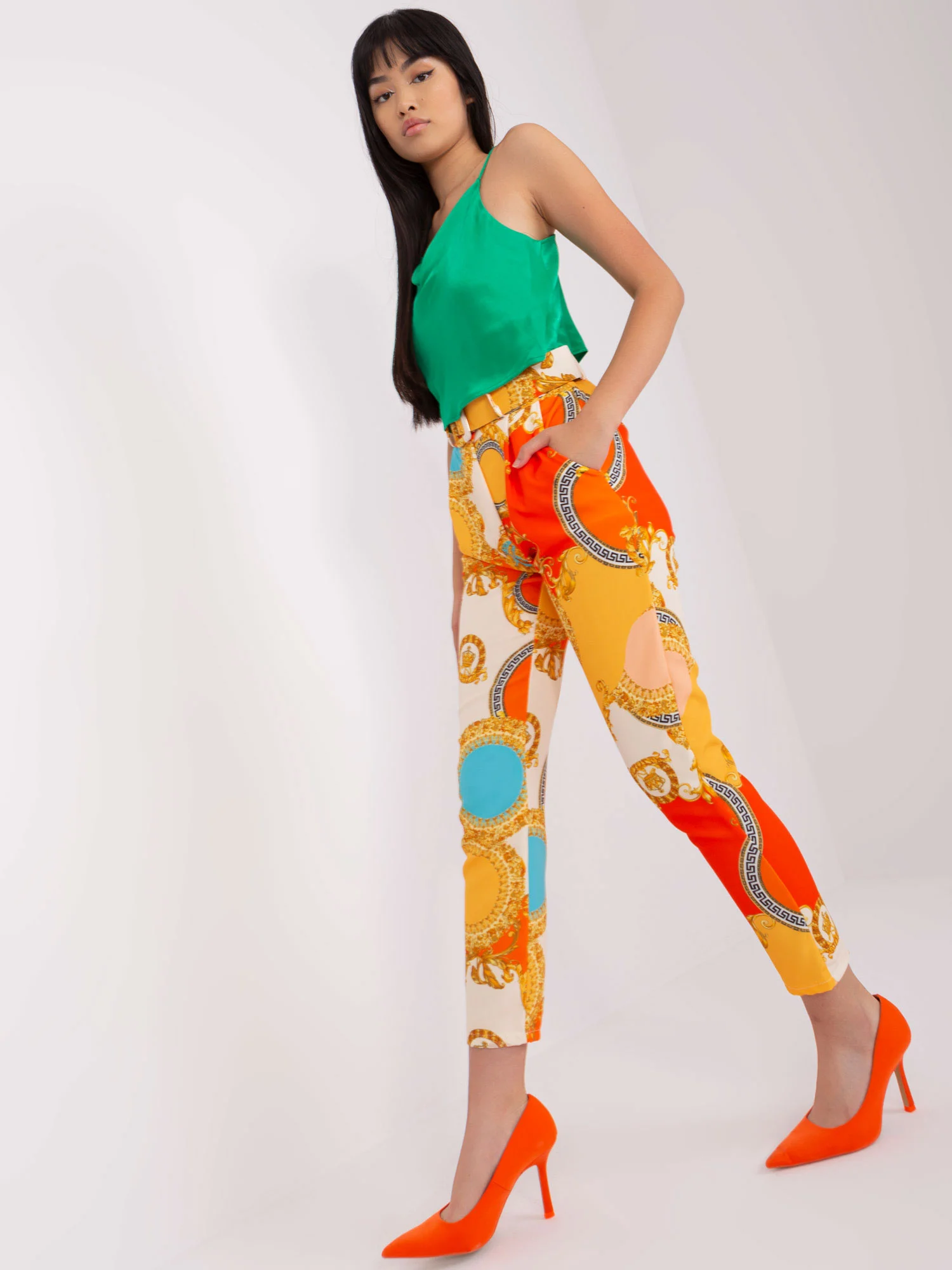 Pantaloni Dama Imprimat, Elegant, ITALY MODA, Portocaliu de Petrecere Marimi Mari - imagine 5