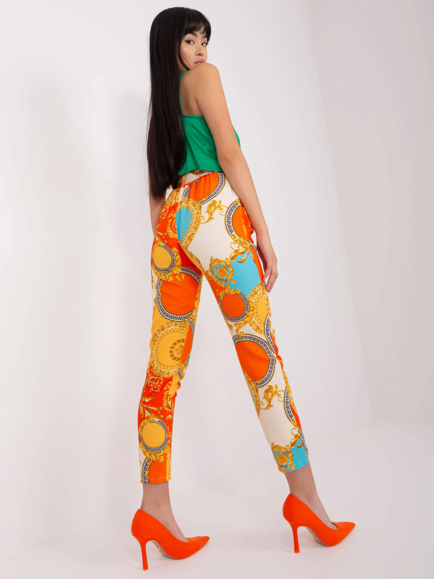 Pantaloni Dama Imprimat, Elegant, ITALY MODA, Portocaliu de Petrecere Marimi Mari - imagine 4