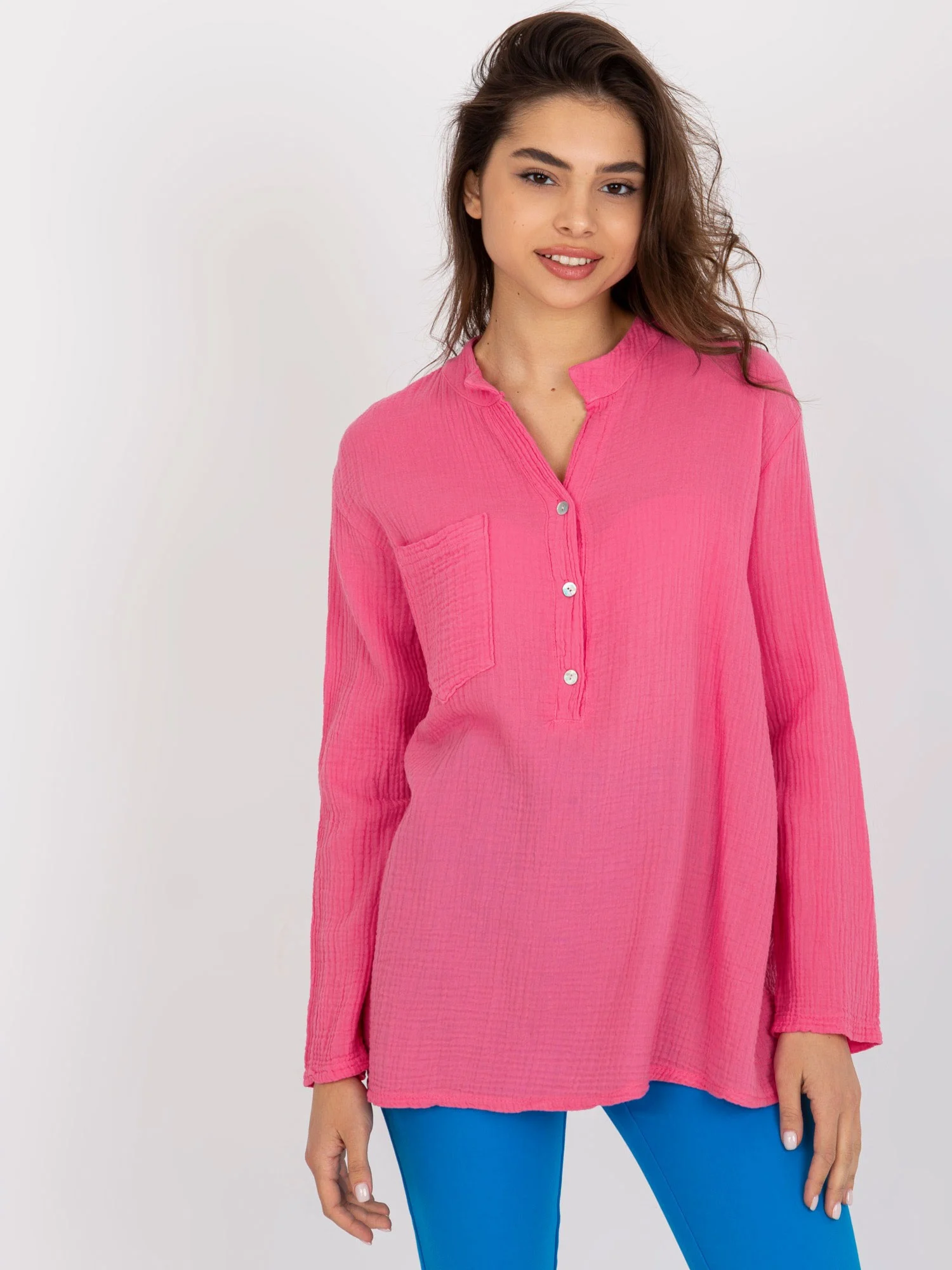 Camasa Dama Maneca lunga, Decolteu in V, Och Bella, Roz Casual - imagine 5